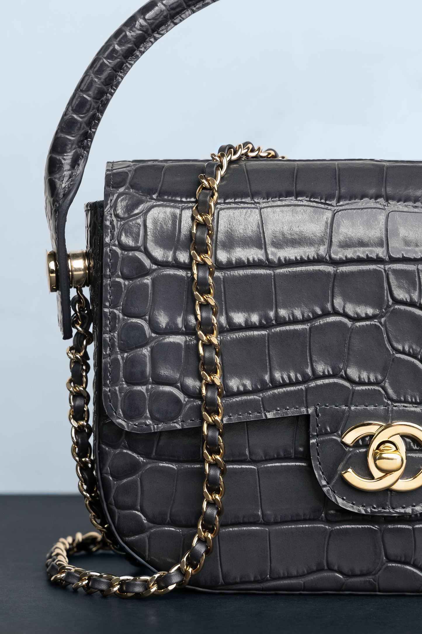 Chanel Mini Flap Bag with Top Handle & Chain in Crocodile Embossed Grey