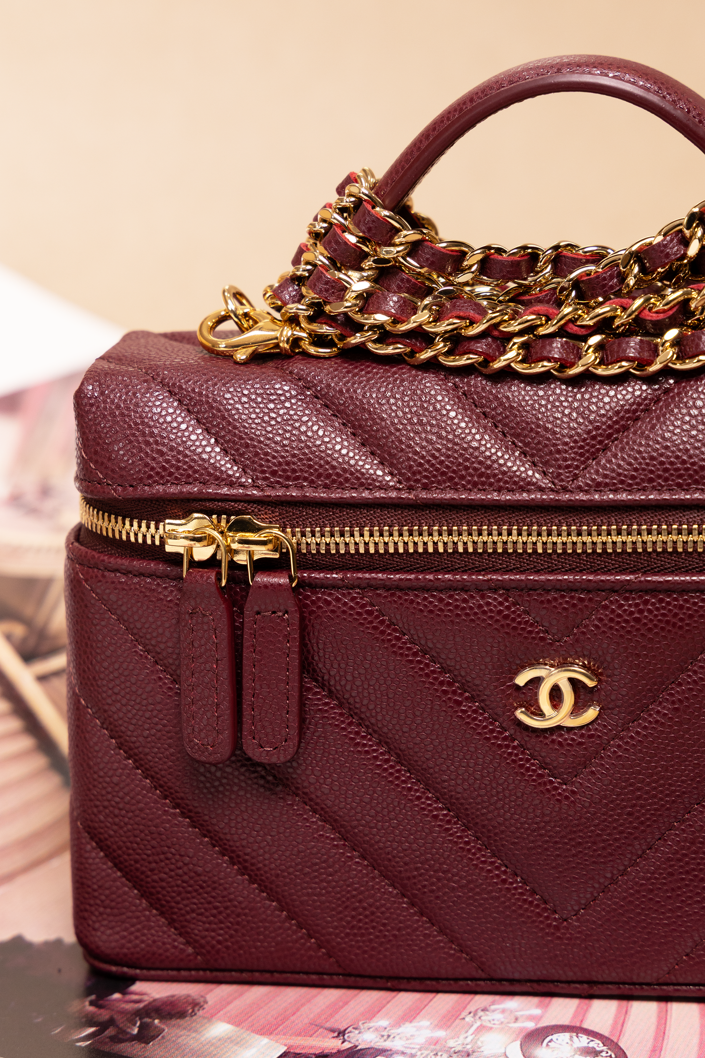 Chanel Vanity Case with Chain in Burgundy