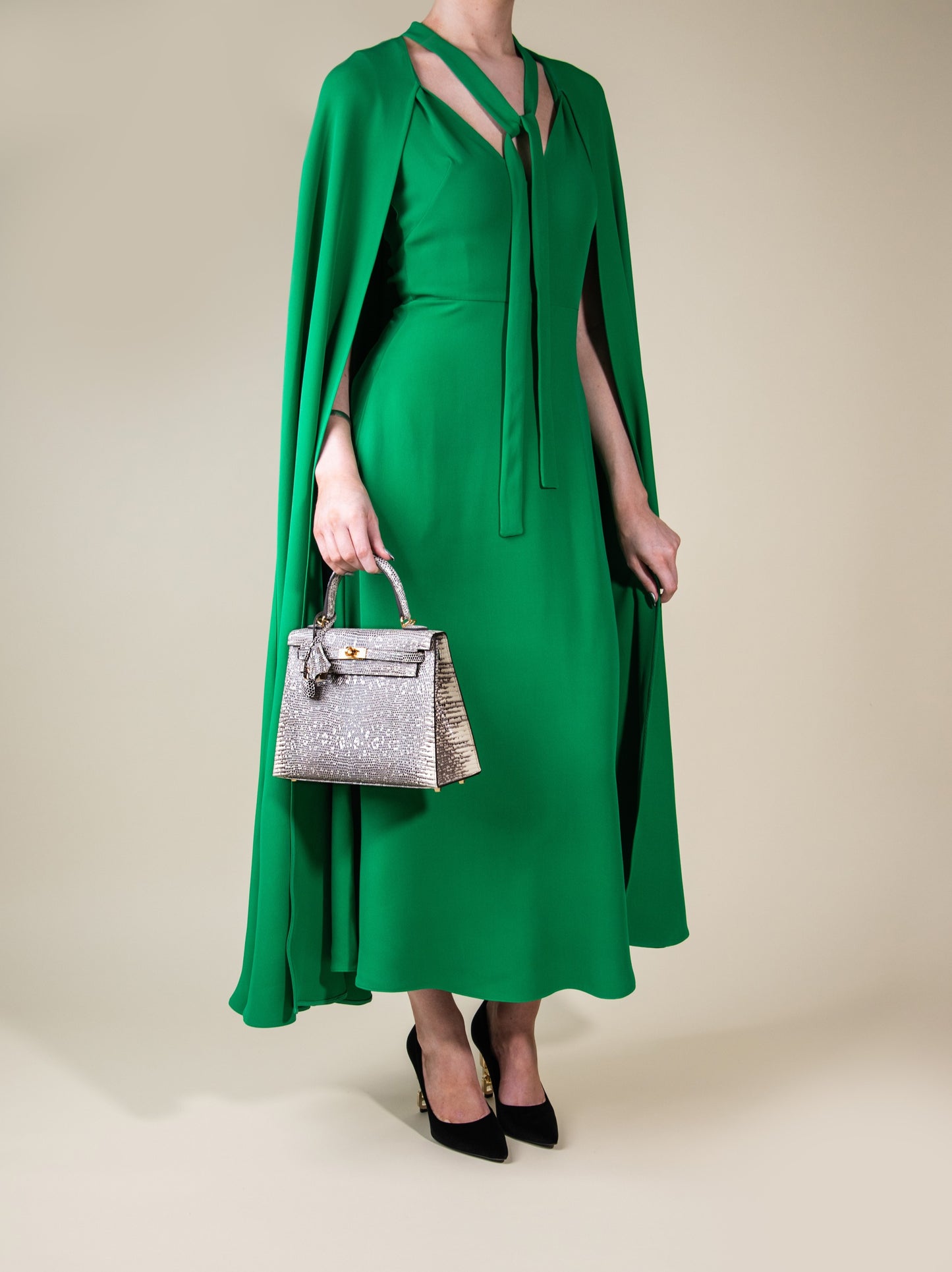 Valentino Silk Crêpe Midi Dress with Hermès Kelly 28 Ombré Lizard