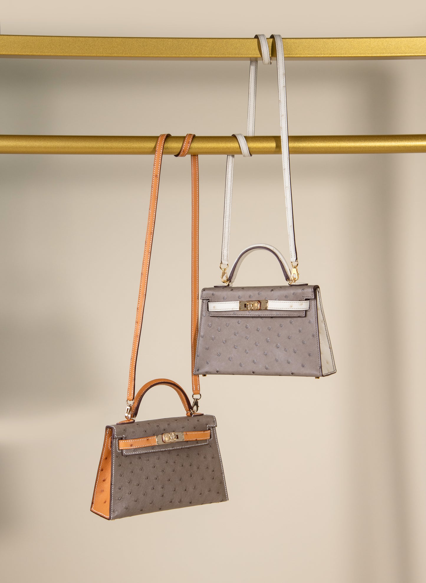 Hermès - HSS Mini Kelly Ostrich in Gold/Etoupe and Beton /Gris Asphalt