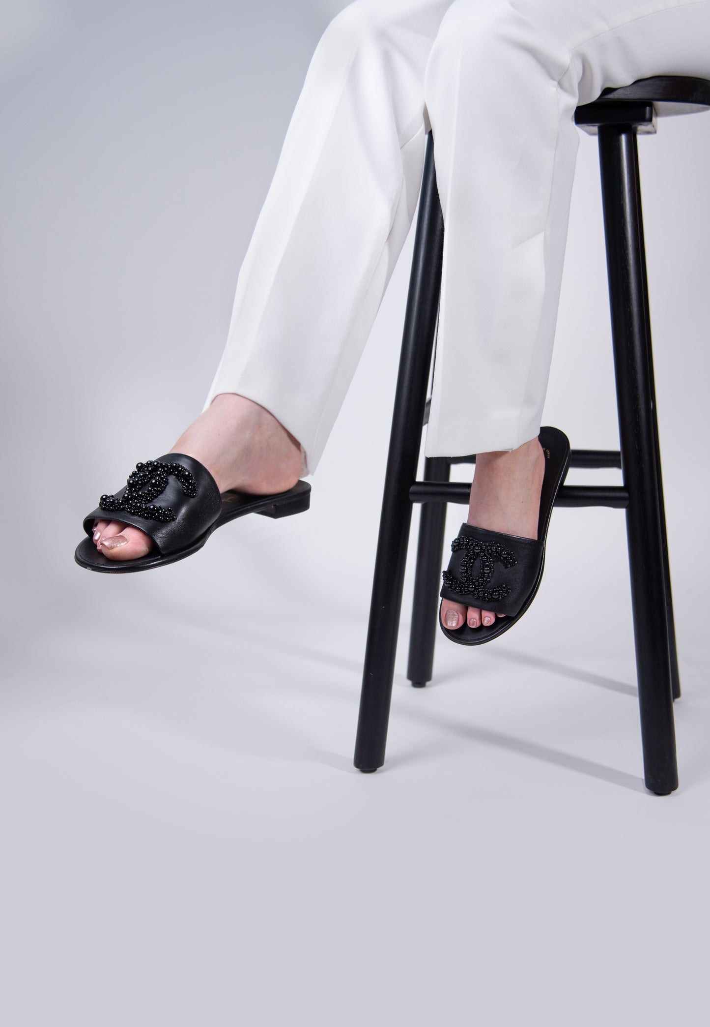 Chanel CC Black Pearl Sandals
