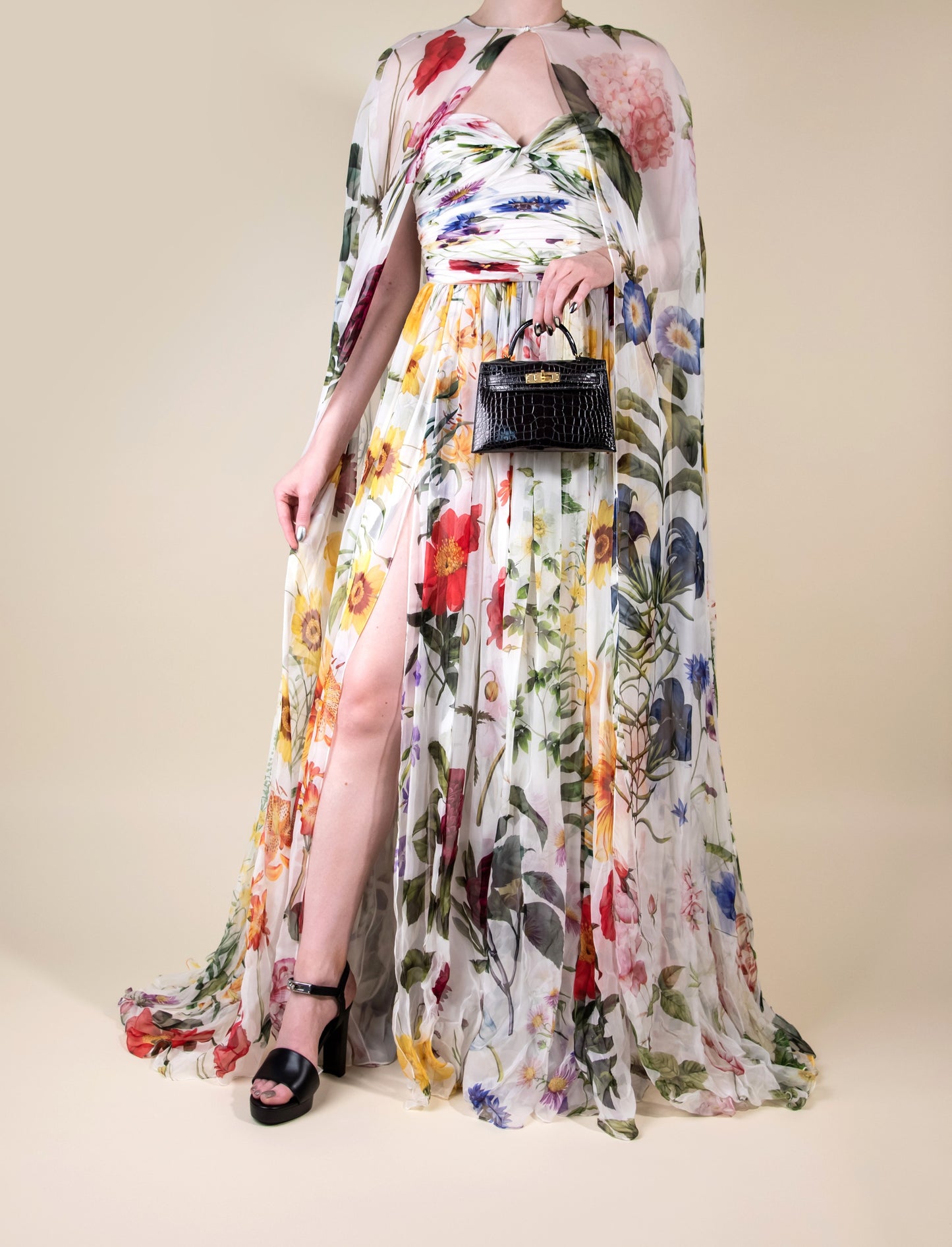 Oscar De La Renta Chiffon Cape Dress with Hermès Mini Kelly 20 Black Crocodile & Elancee 90 Sandals