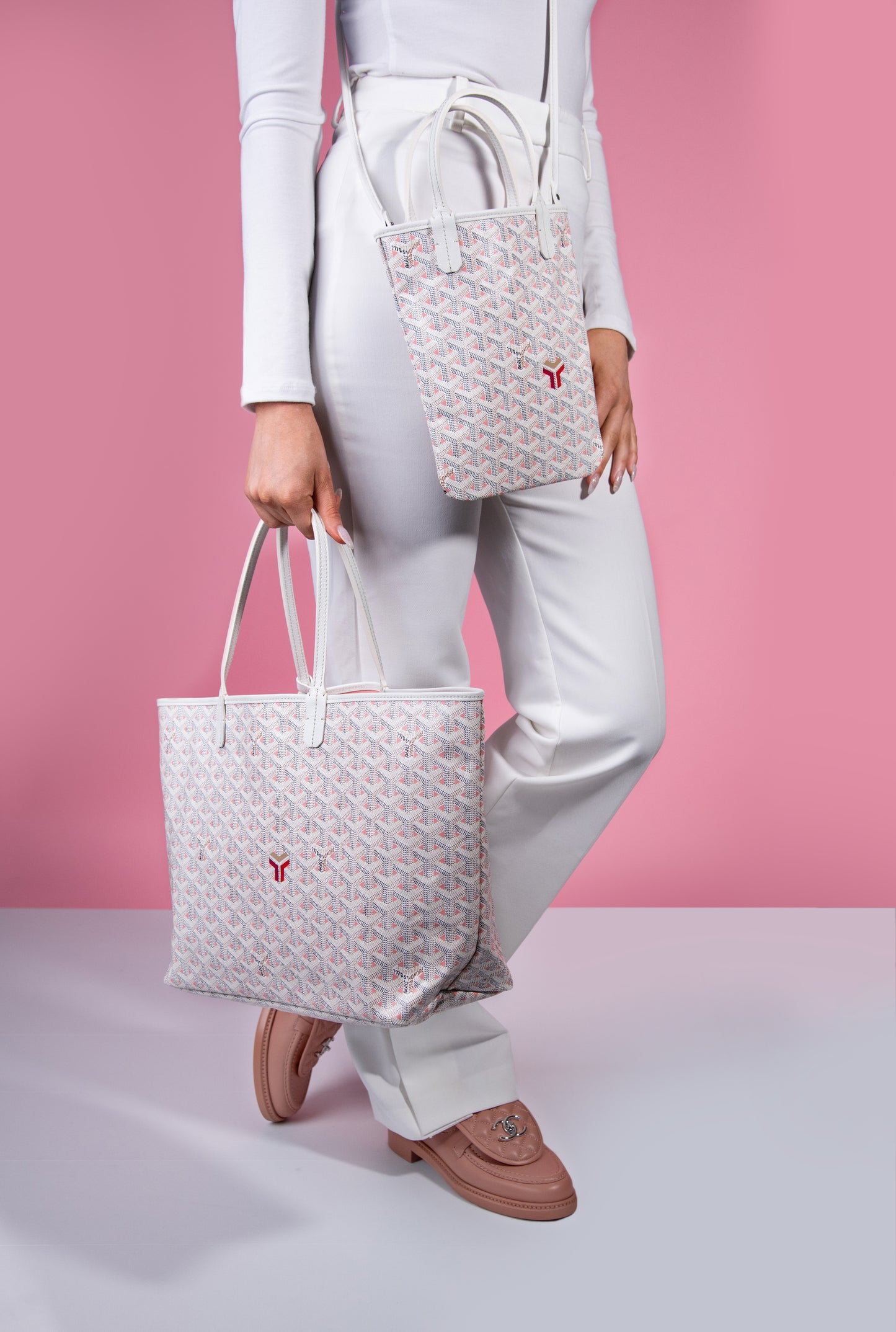 حقيبة Goyard Anjou Mini & Anjou PM باللون الأبيض/الوردي