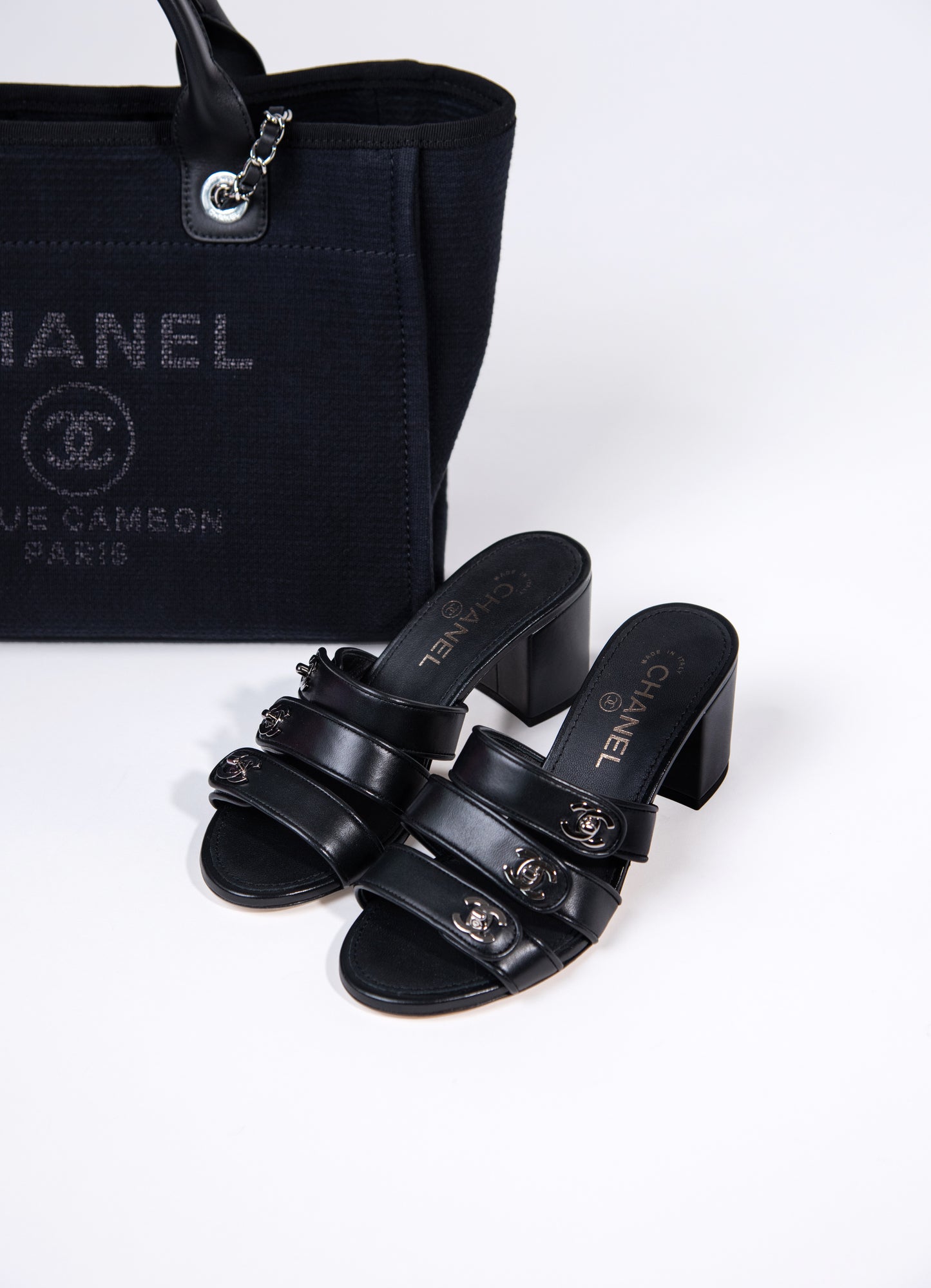 Chanel CC Logo Lock Sandals in Black