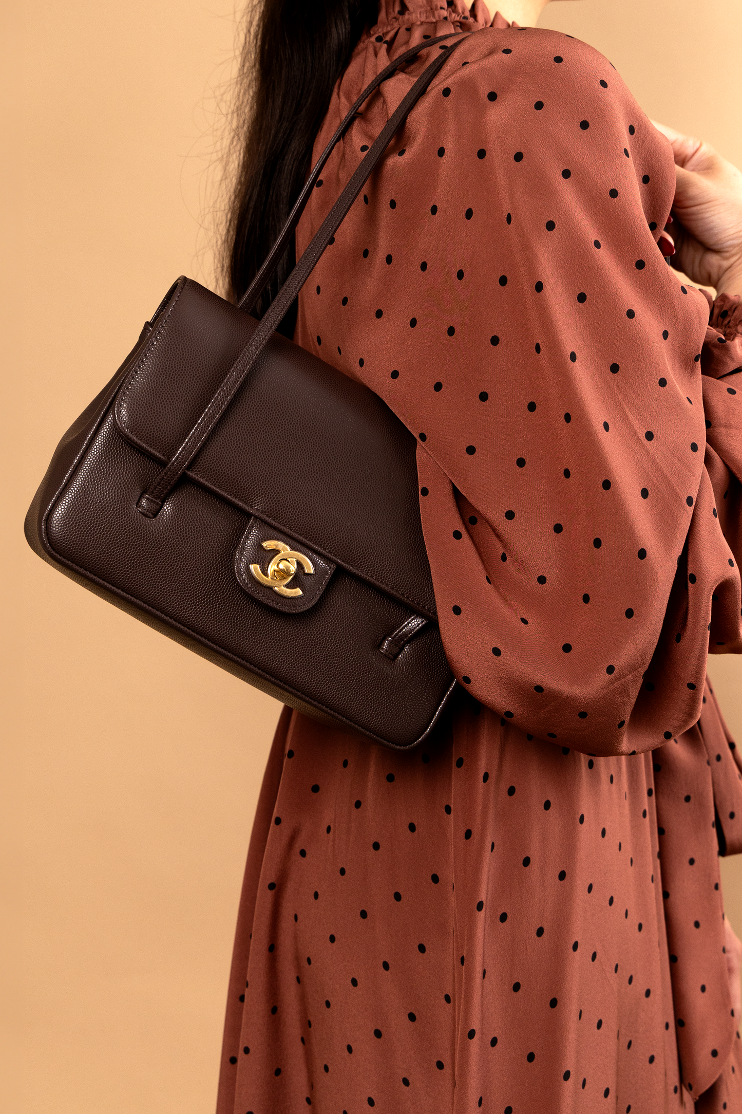 Chanel Small Caviar Dark Brown Flap Bag with Long Leather Straps