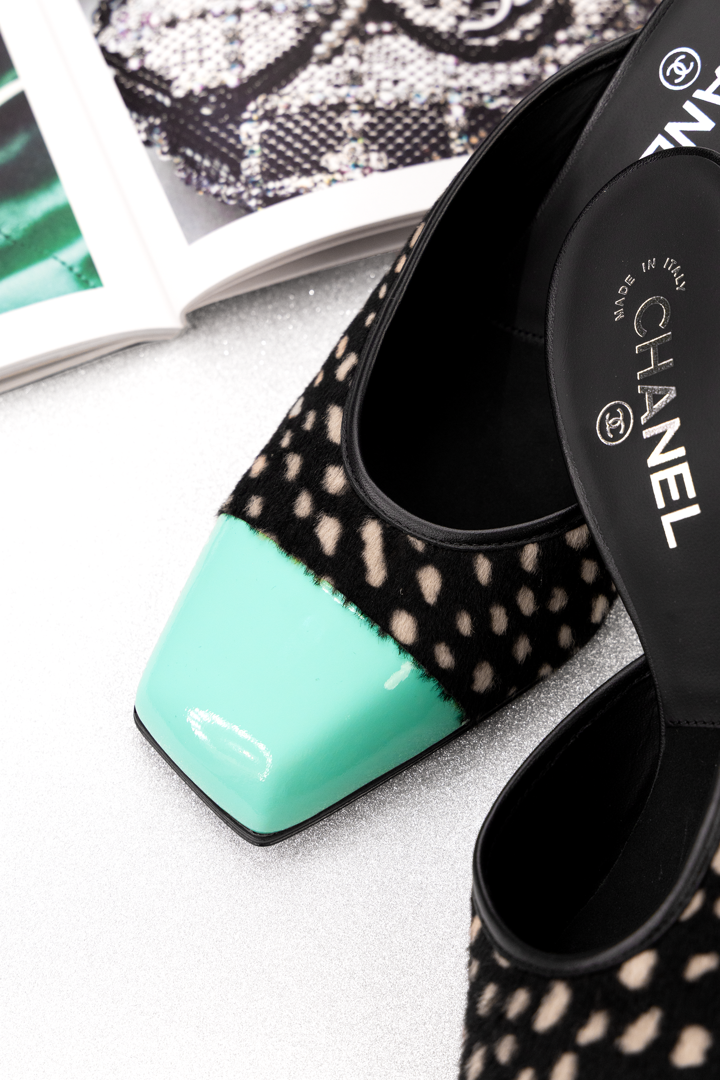 Chanel Lambskin & Patent Calfskin Mules in Black/White/Green