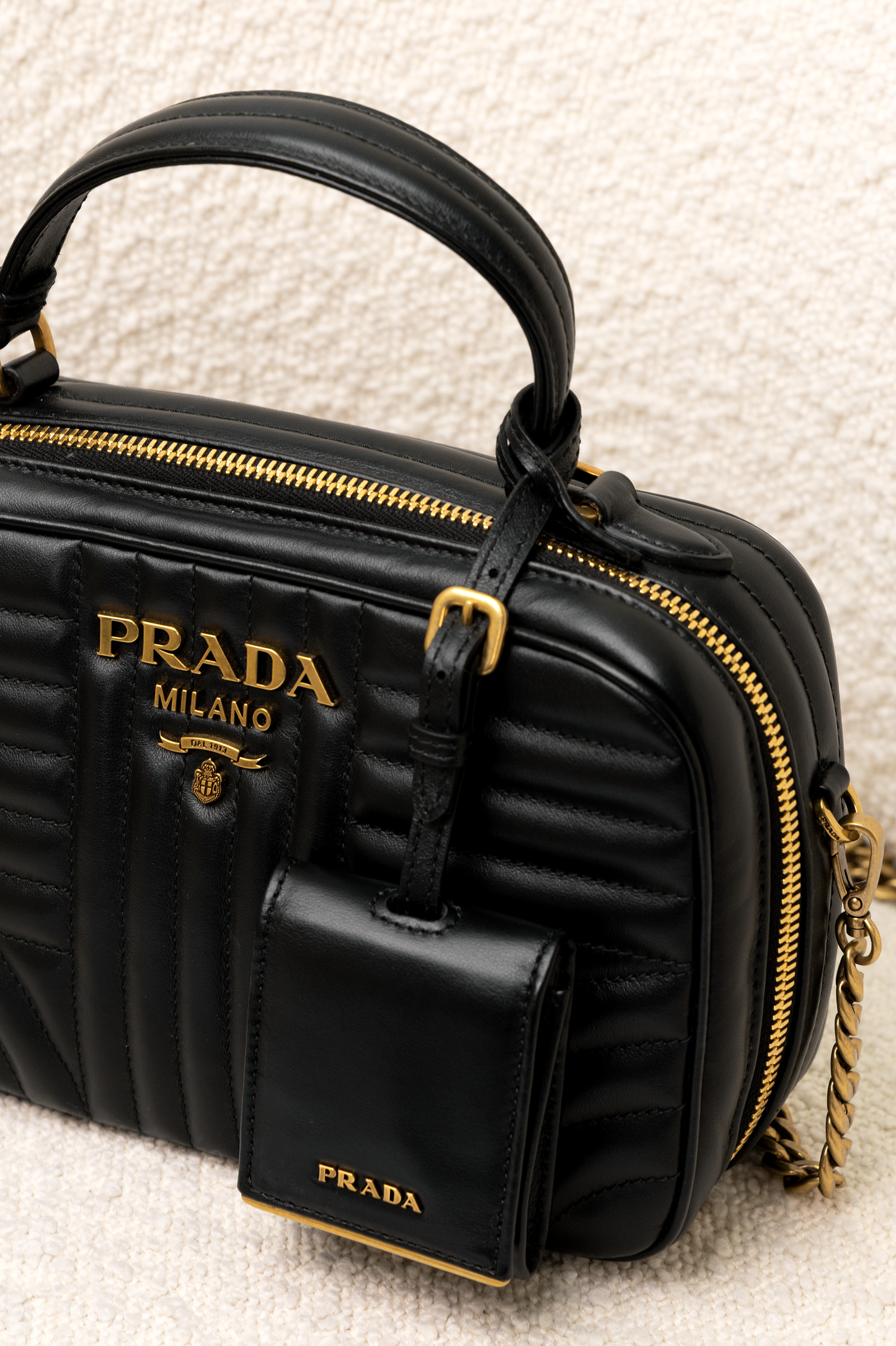 Prada Black Leather Quilted Top Handle Bag
