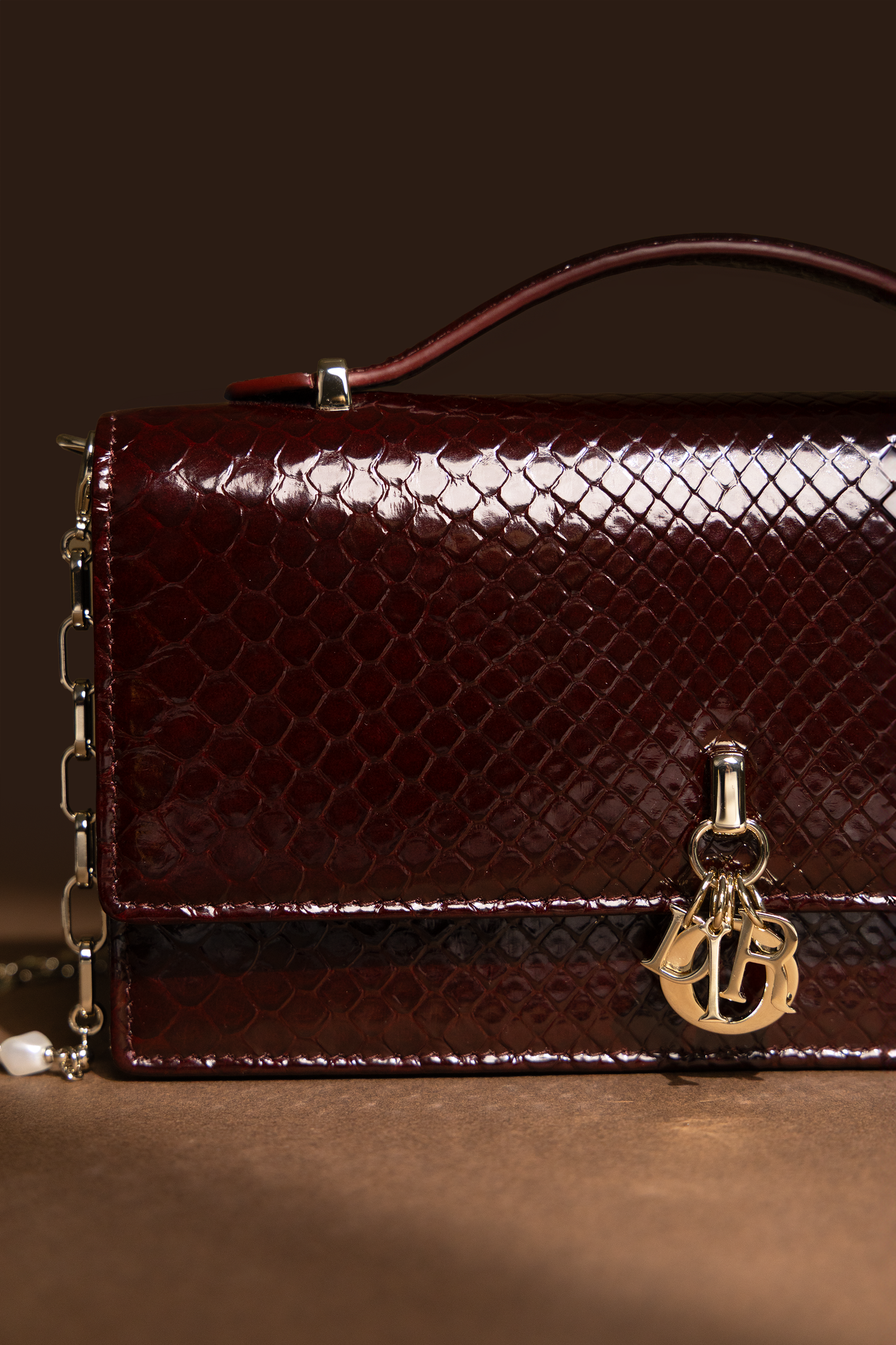 Dior Python Clutch with Chain in Dark Burgundy