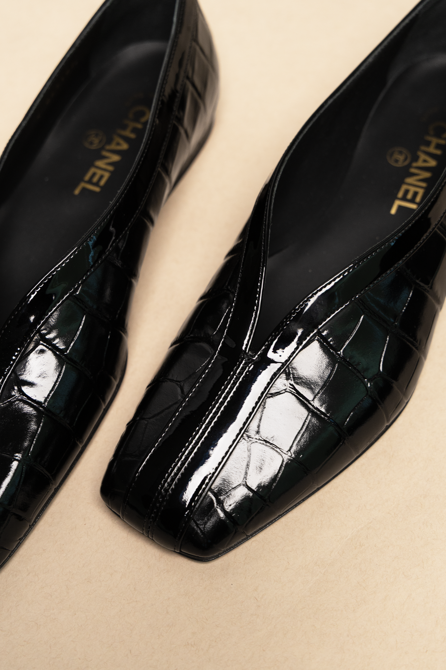 Chanel Black Croc-Embossed Calfskin & Patent Calfskin Flats
