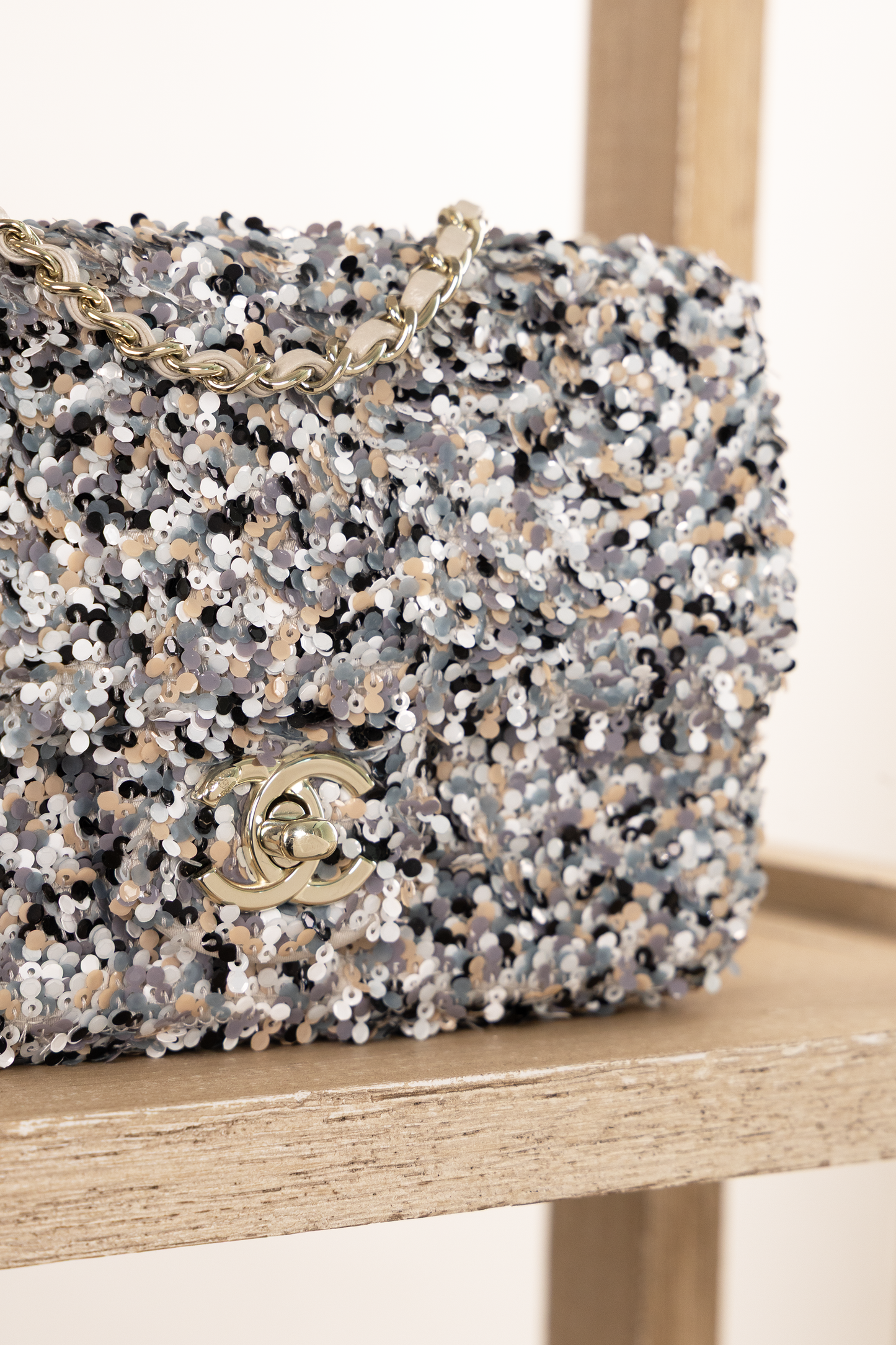 Chanel Mini Sequin Flap Bag in Gray, Black, White & Pearly White