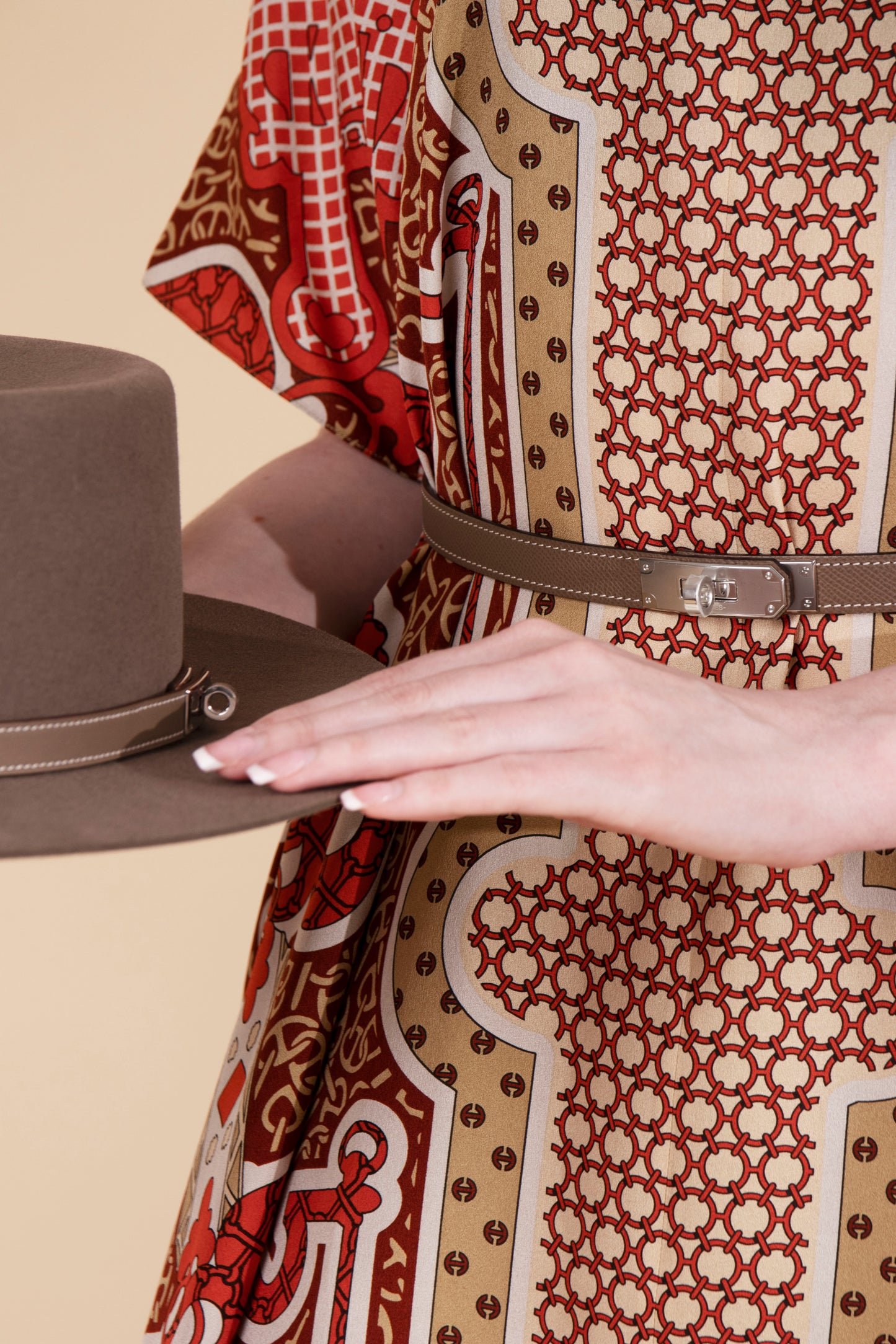 Hermès Etoupe Hampton Hat with "Mors et Gourmettes" Belted Caftan in Rouge De Turin