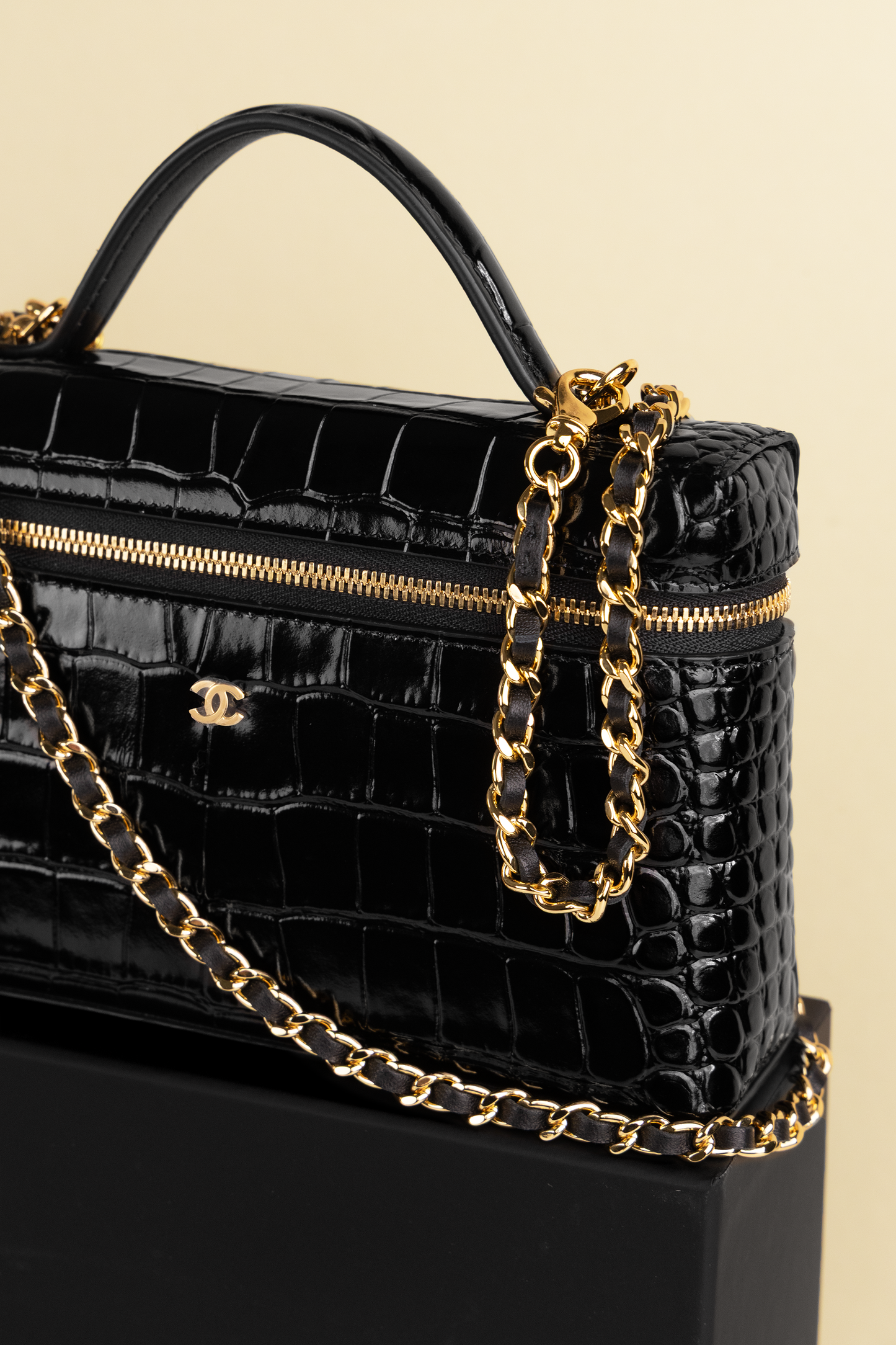 Chanel Black Crocodile Embossed Vanity Case with Chain