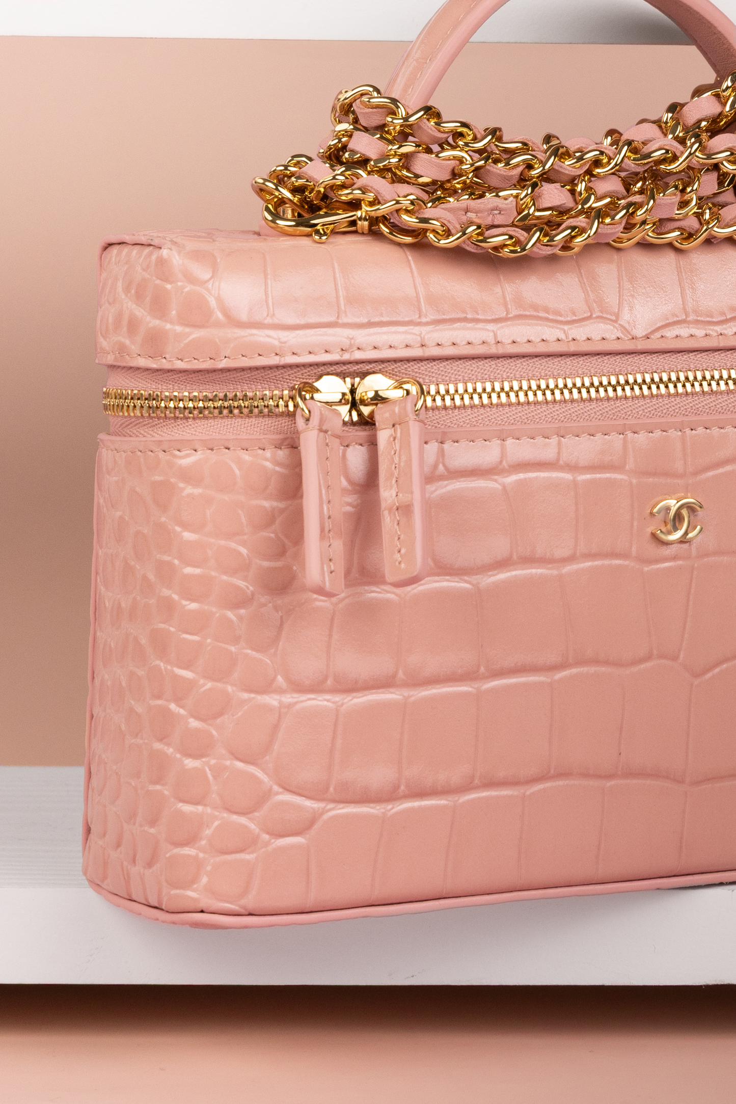 Chanel Rose Crocodile Embossed Vanity Case with Chain