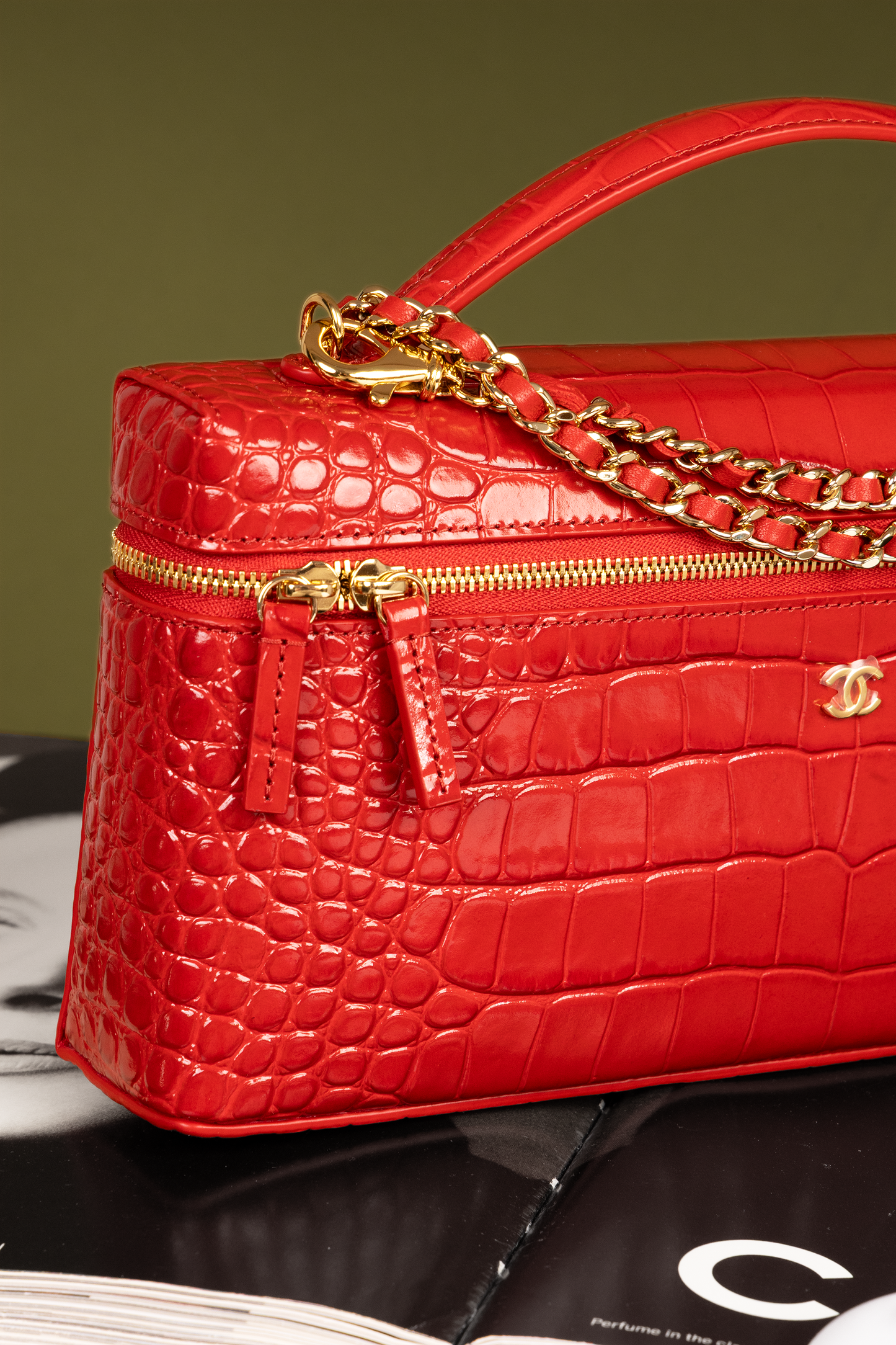 Chanel Red Crocodile Embossed Vanity Case with Chain