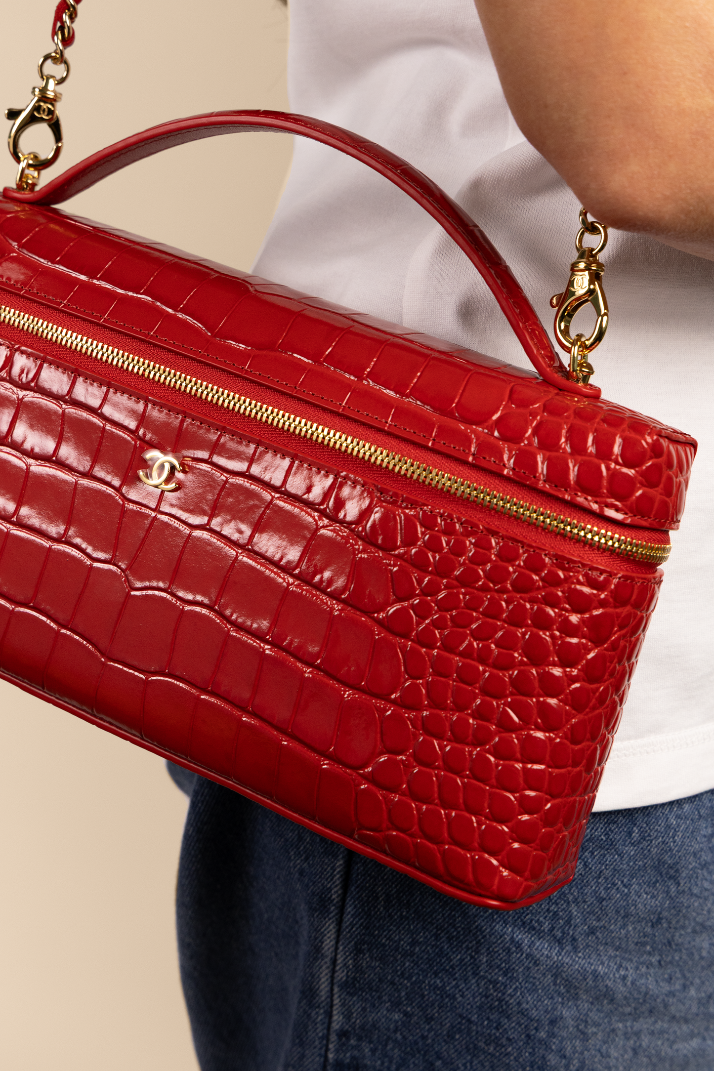 Chanel Red Crocodile Embossed Vanity Case with Chain