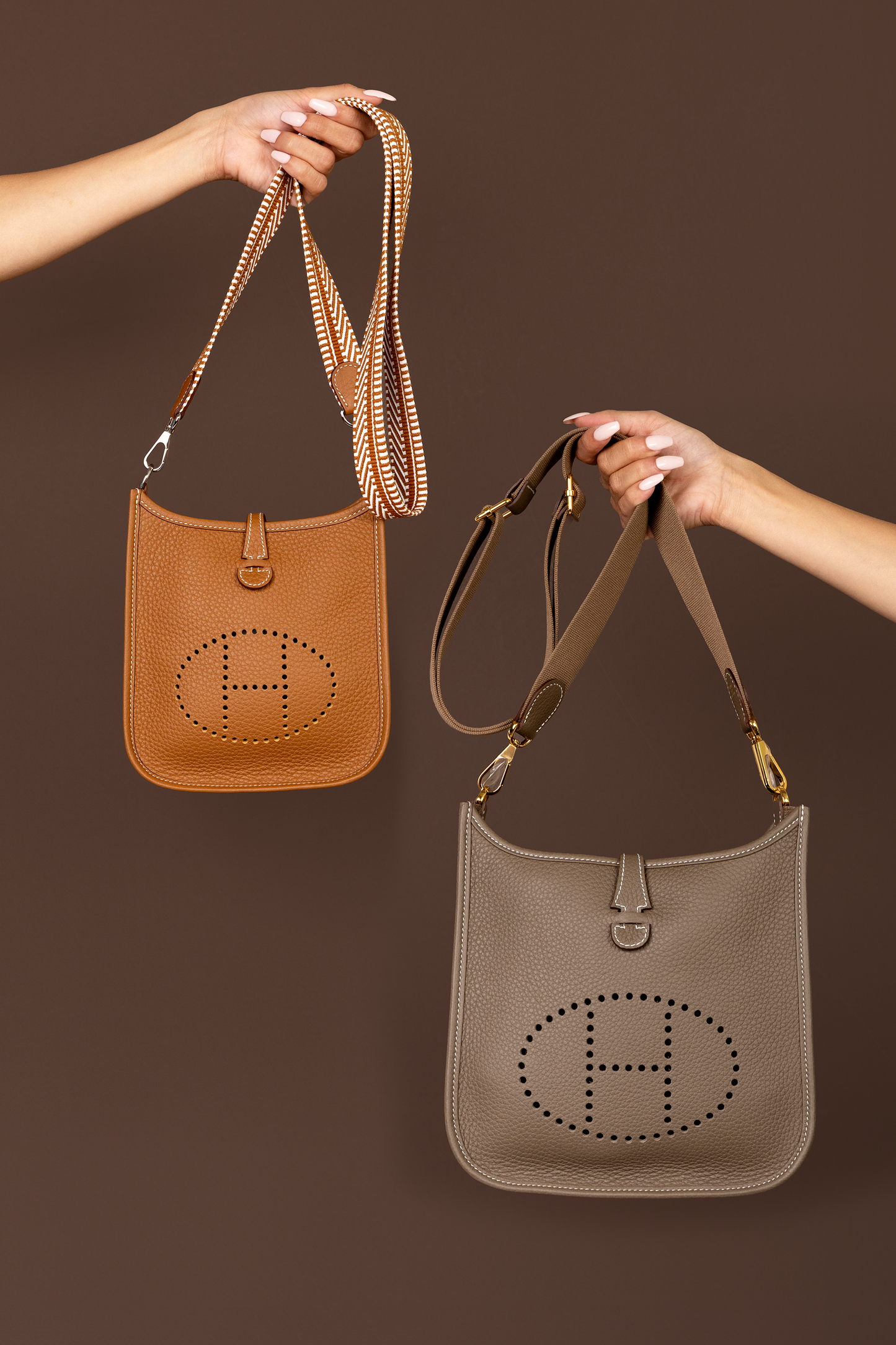 Hermès Mini Evelyne Clemence in Gold PHW & Evelyne Clemence Etoupe 23 GHW
