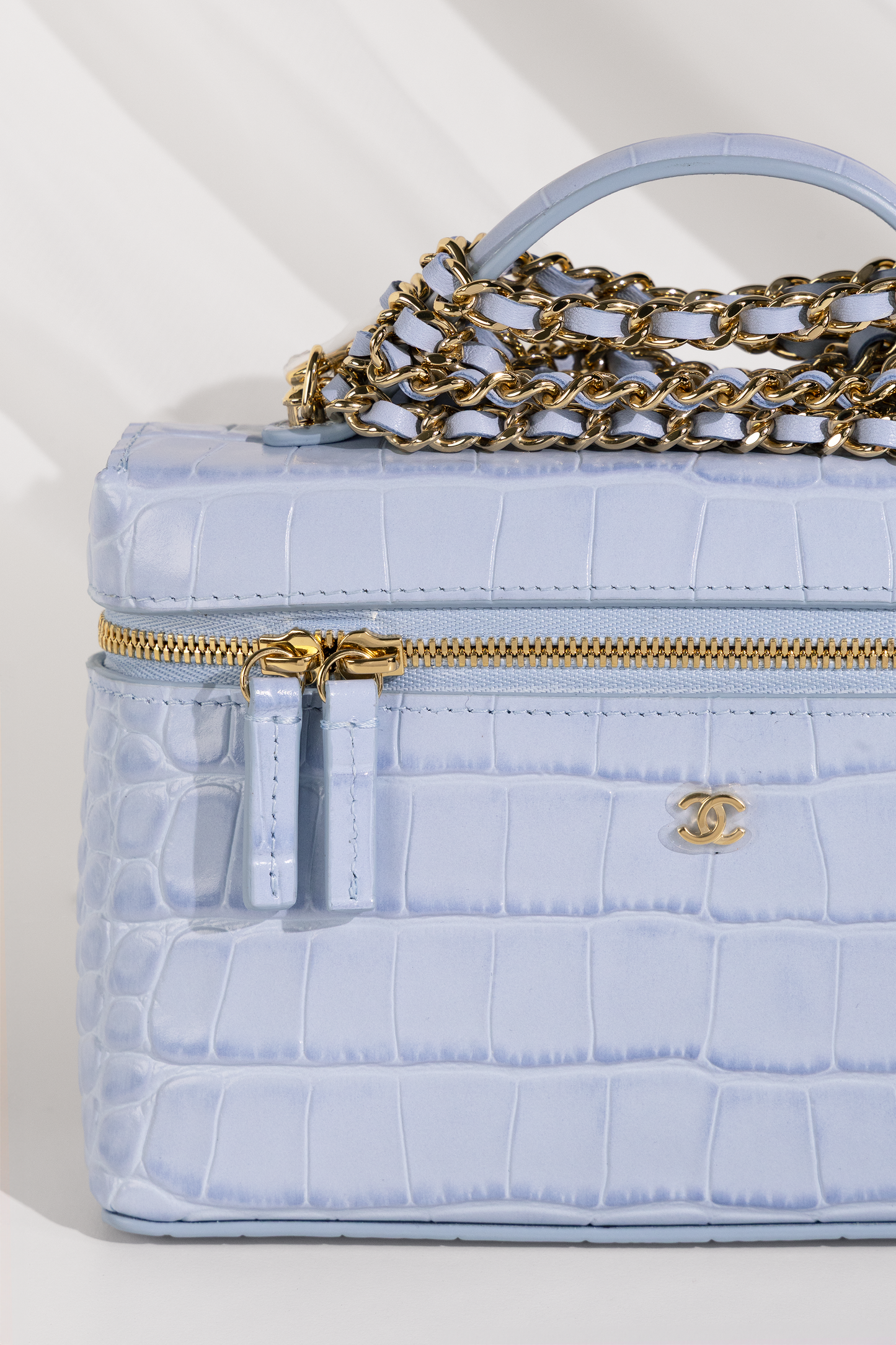 Chanel Light Blue Crocodile Embossed Vanity Case with Chain