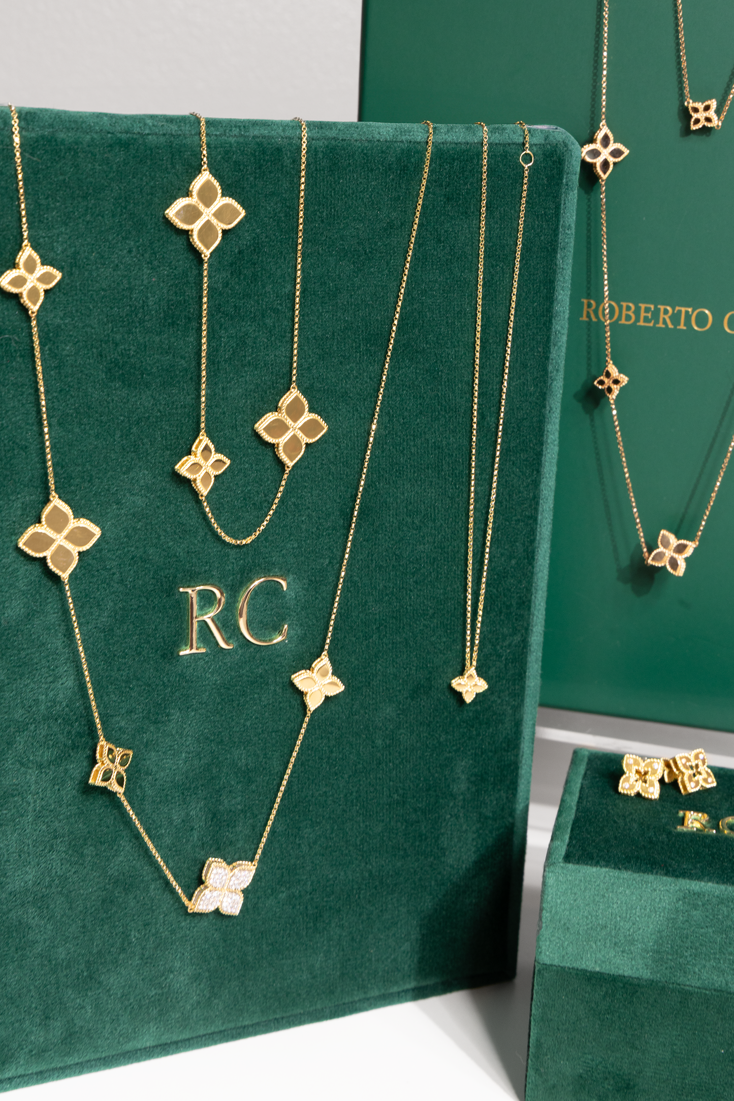 Roberto Coin Princess Flower Station Yellow Gold Diamond Necklace and Venetian Flower Diamond Stud Earrings