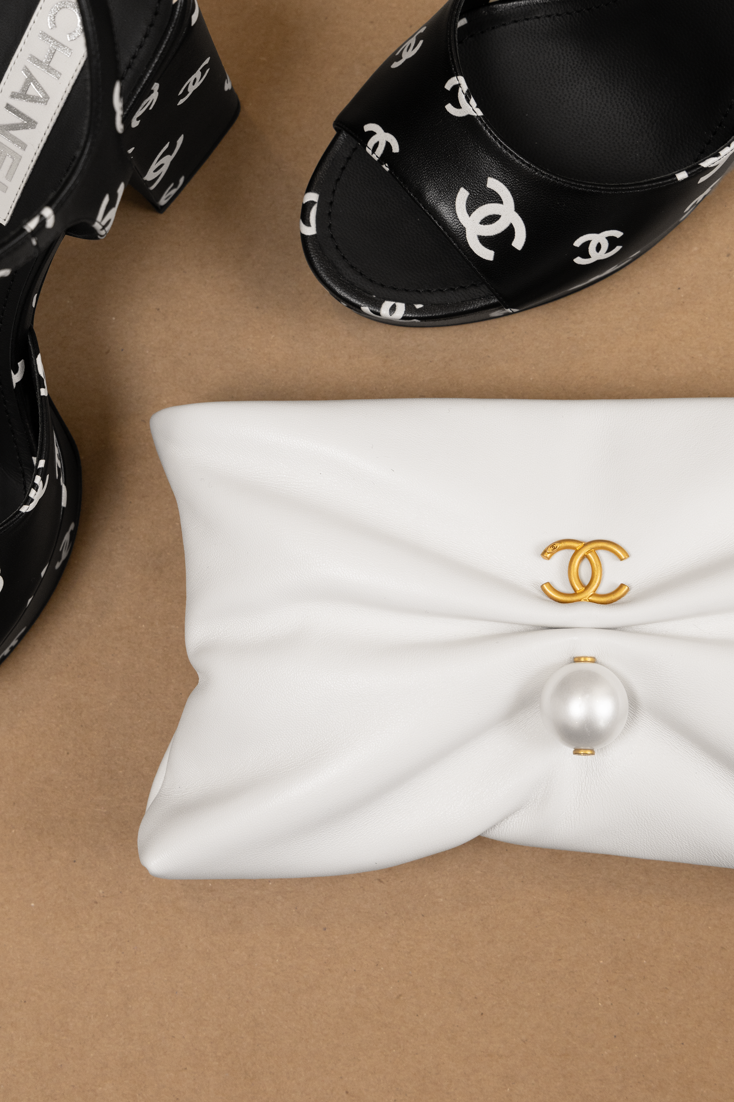 Chanel White Pearl Clutch & Black CC Platform Sandals