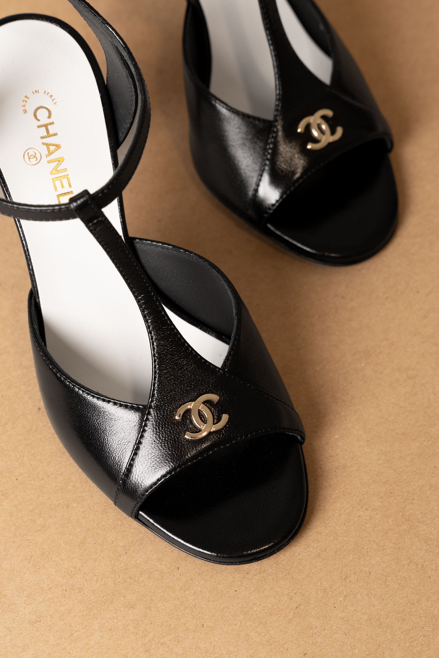 Chanel Leather CC Logo T-Strap Pumps in Black