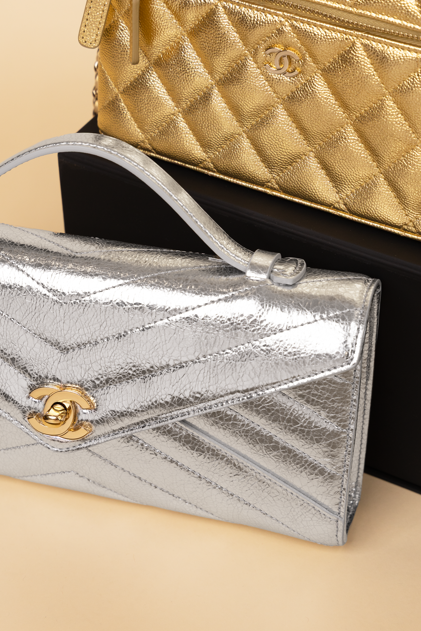 Chanel Silver Metallic Clutch & Vanity Case with Chain in Gold