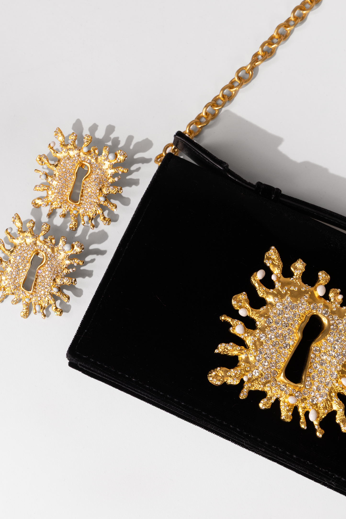 Schiaparelli Black Velvet Keyhole Bijoux Clutch with Chain & Gold-Plated Brass & Rhinestone Earrings
