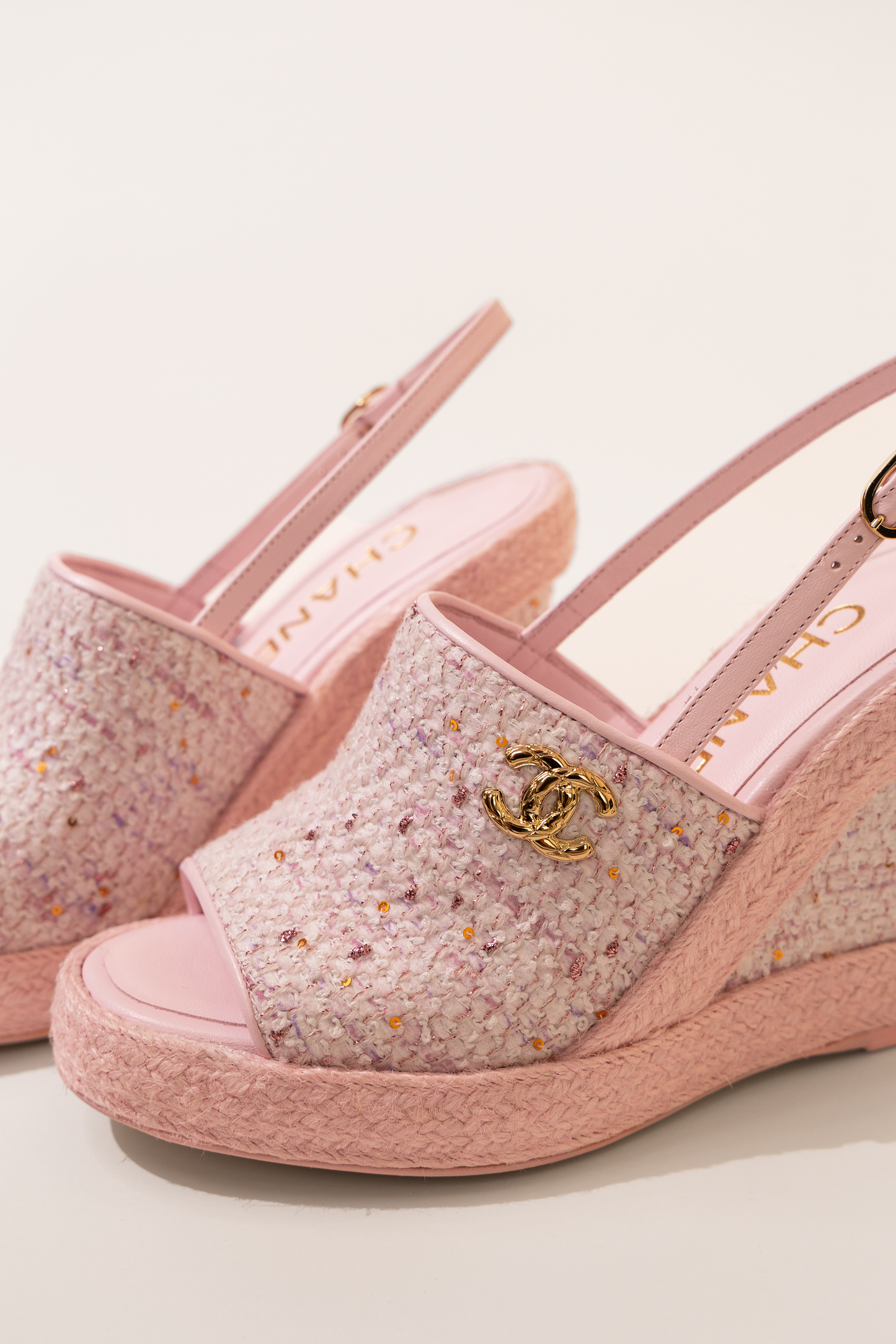 Chanel Rose Tweed Wedge Sandals