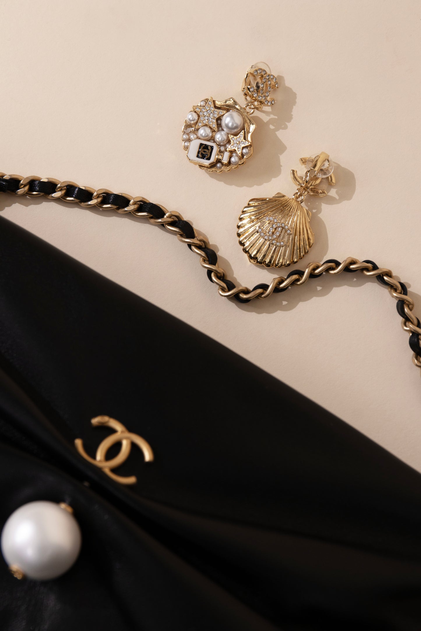 Chanel Black Clutch with Chain & Earrings