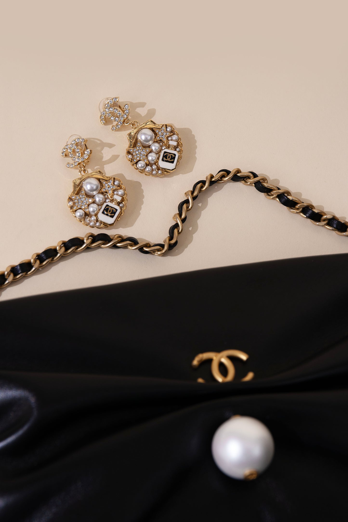 Chanel Black Clutch with Chain & Earrings