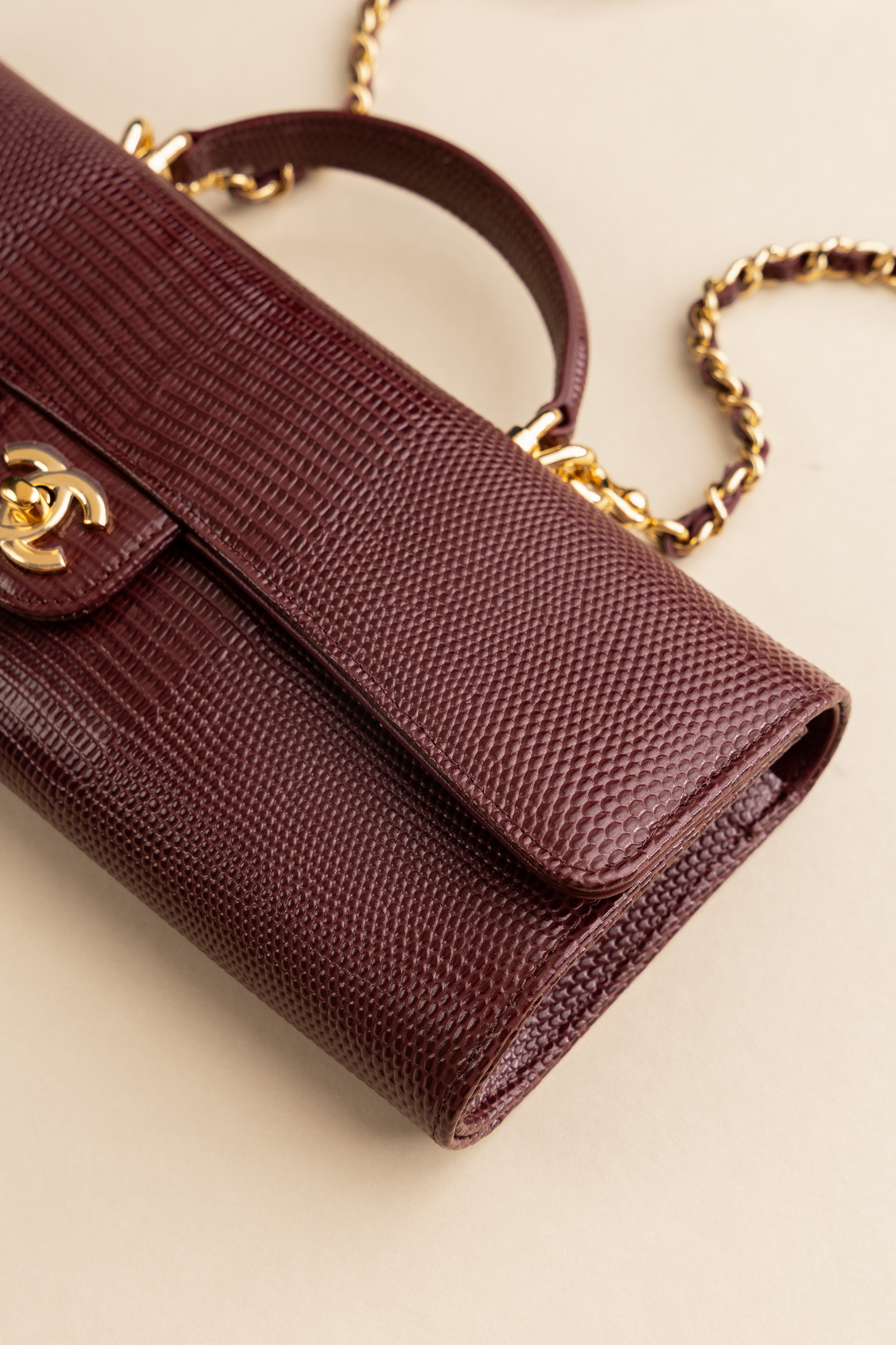 Chanel Clutch with Top Handle & Chain in Burgundy Lizard