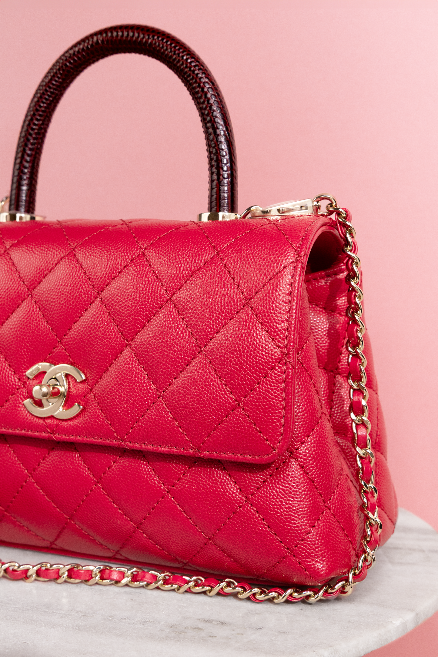 Chanel Small Coco Handle Caviar Raspberry with Embossed Lizard Handle