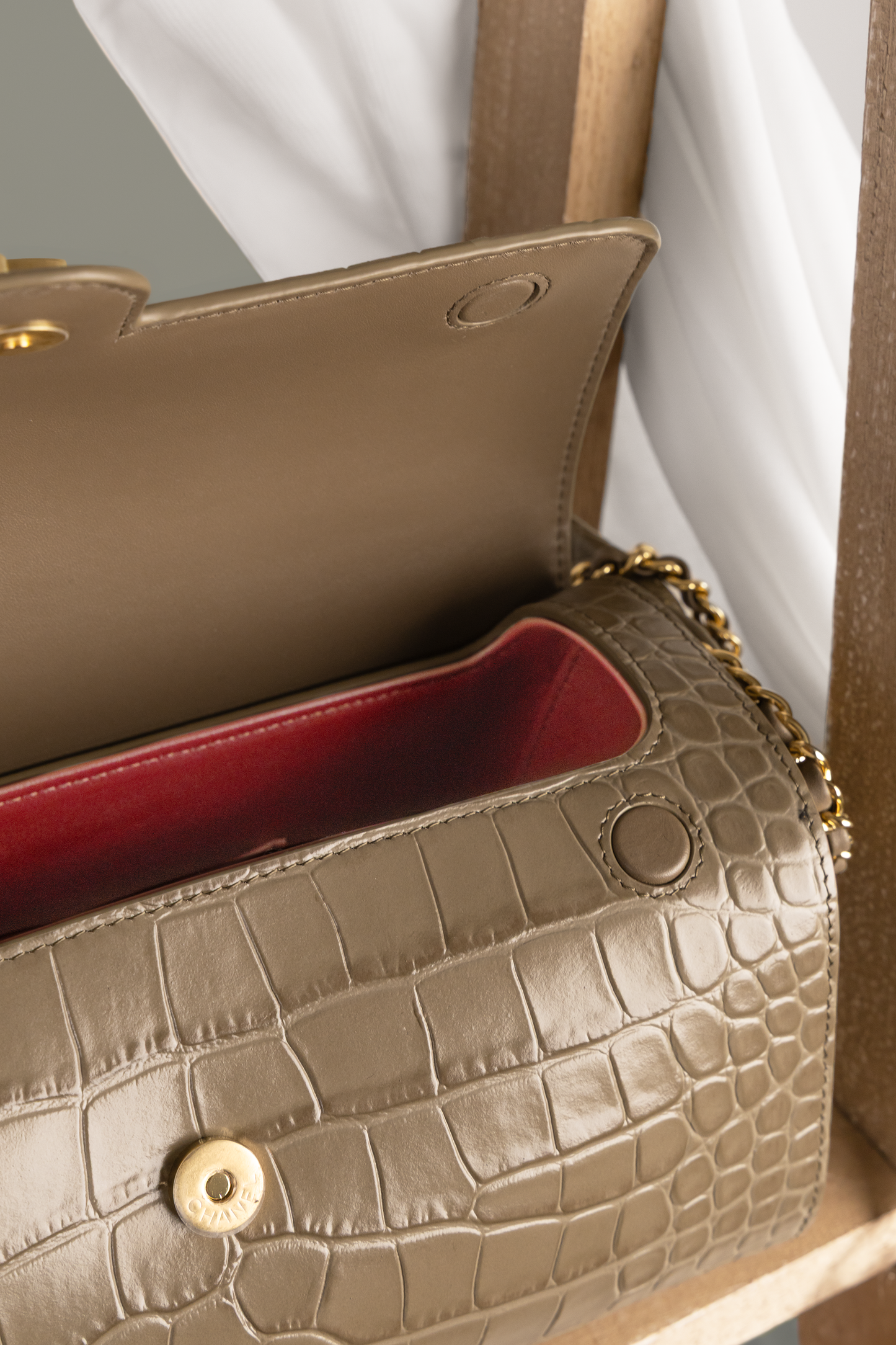 Chanel Croc Embossed Clutch with Chain in Dark Khaki