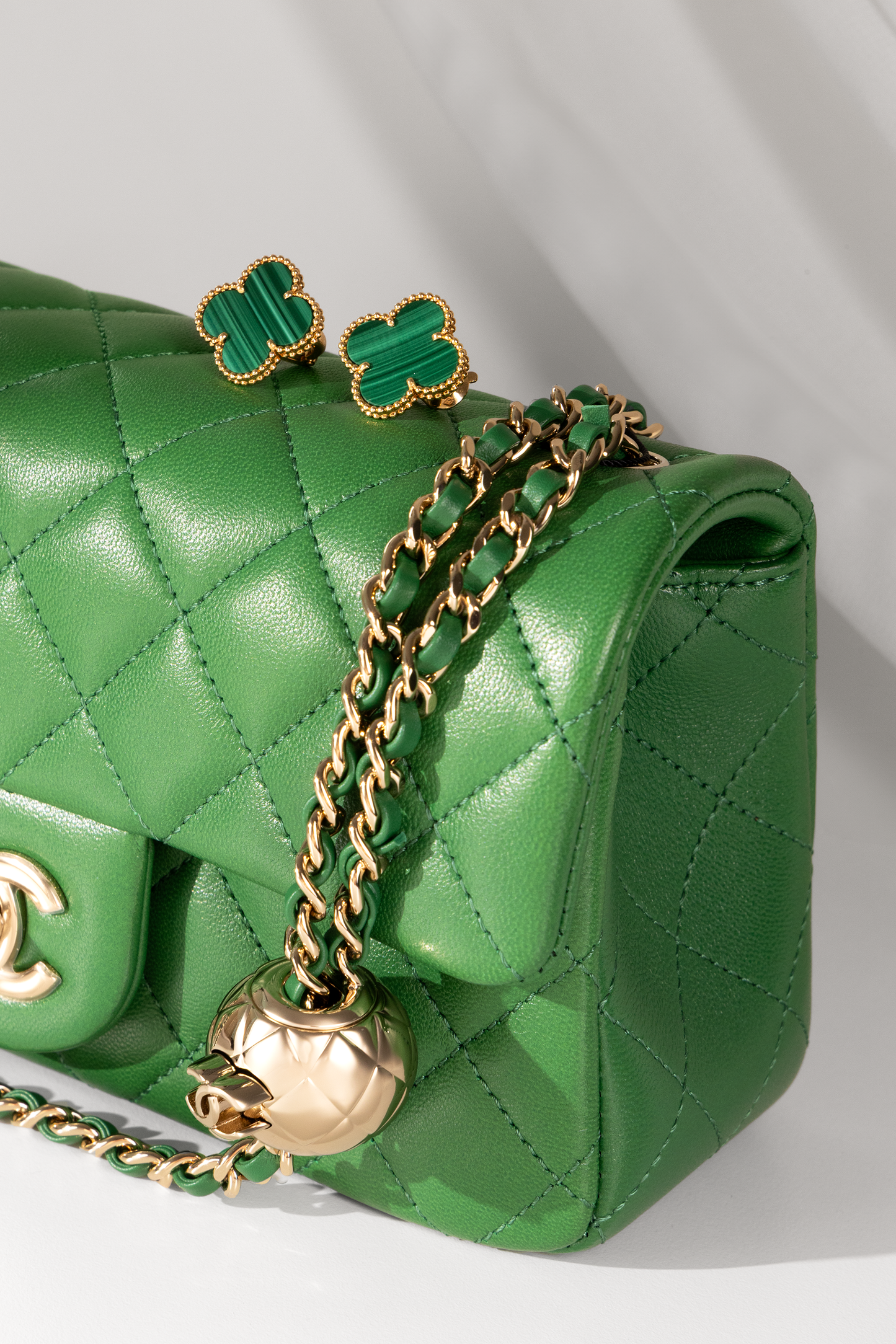 Chanel Mini Green Lambskin Flap Bag with Adjustable Chain & Van Cleef & Arpels Vintage Alhambra Motif Malachite/Yellow Gold Earrings