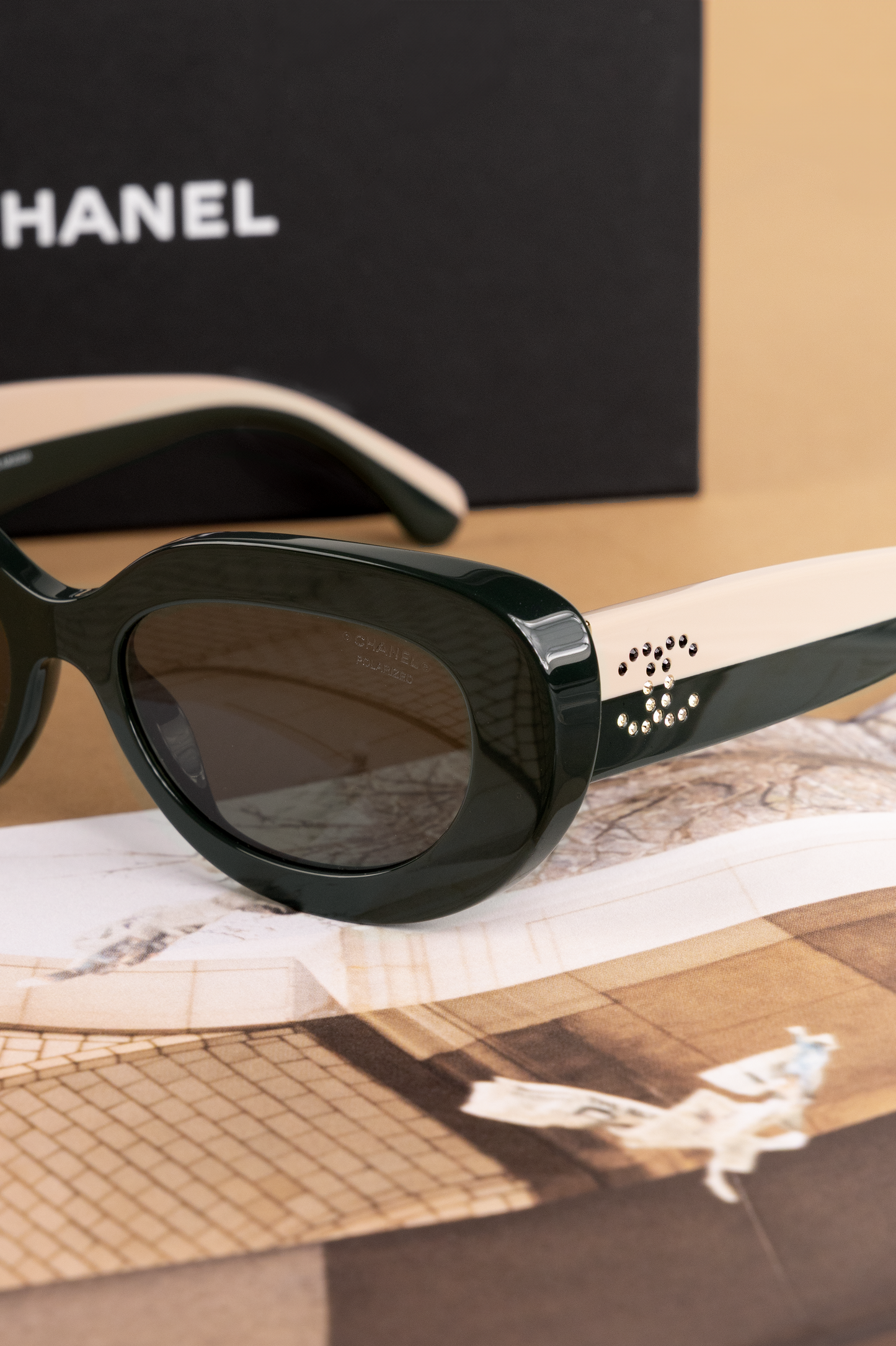 Chanel Oval Sunglasses in Beige/Dark Green