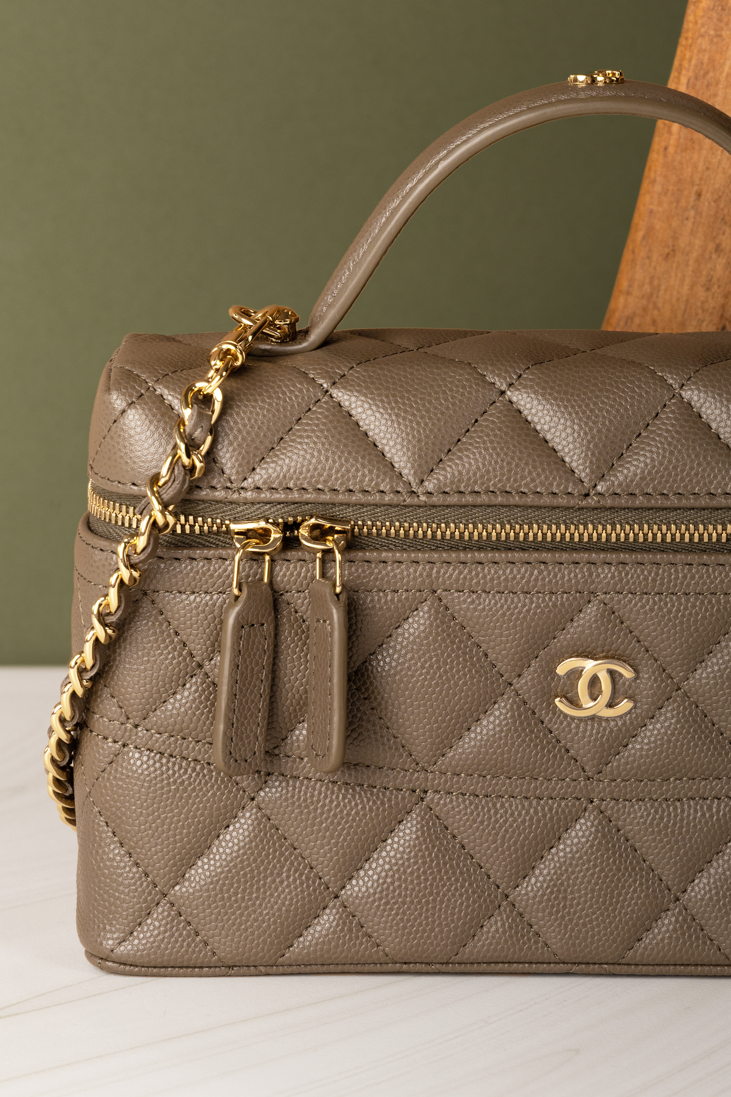 Chanel Vanity Case with Chain in Khaki
