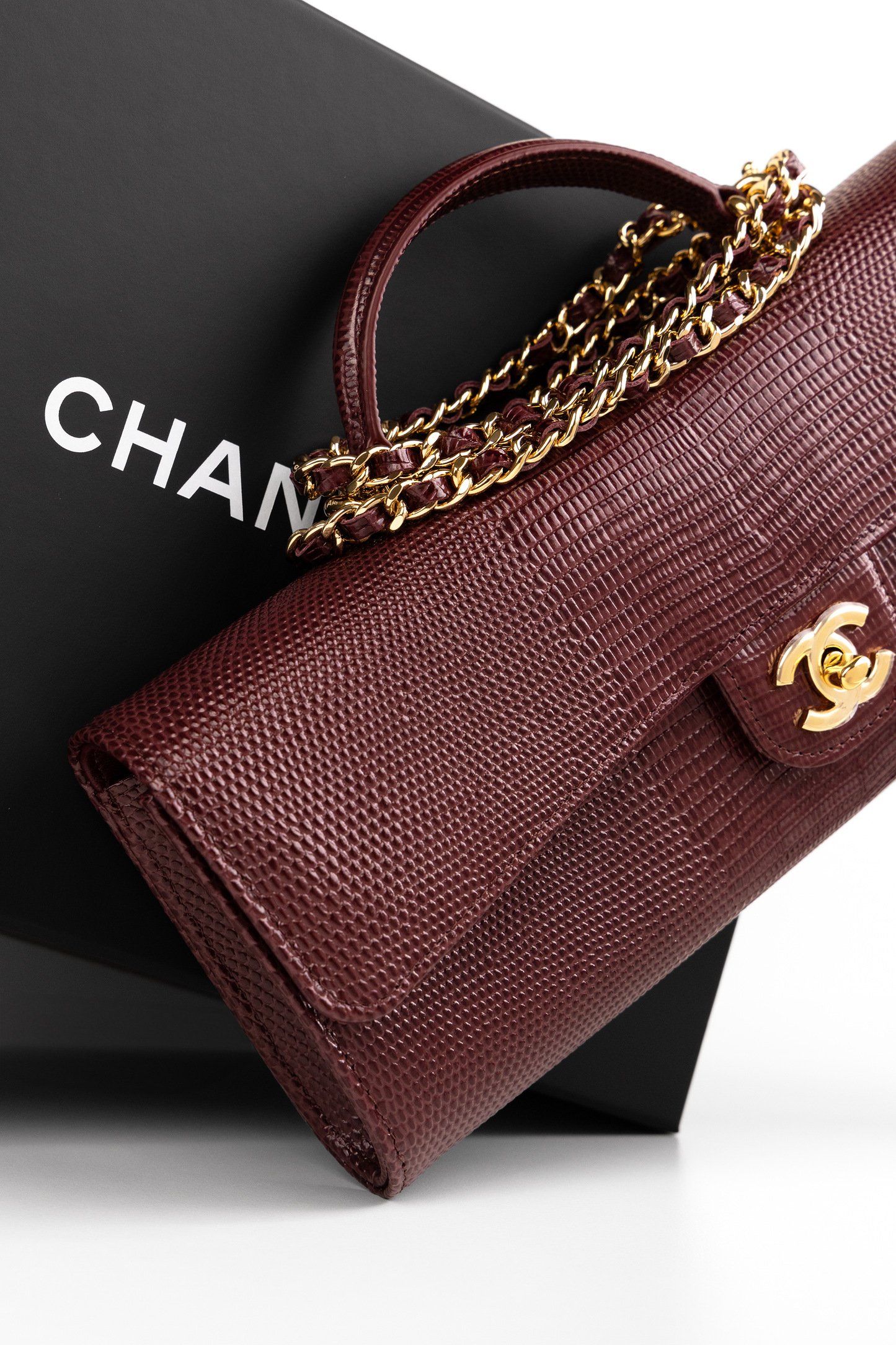 Chanel Clutch with Top Handle & Chain in Burgundy Lizard