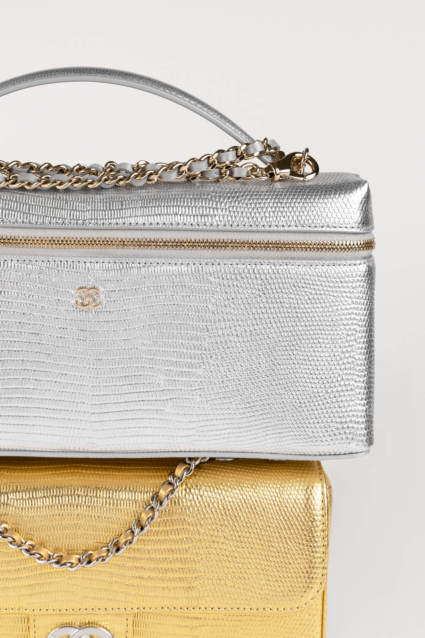 Chanel Silver Lizard Vanity Case with Chain & Flap Bag with Chain in Gold Lizard