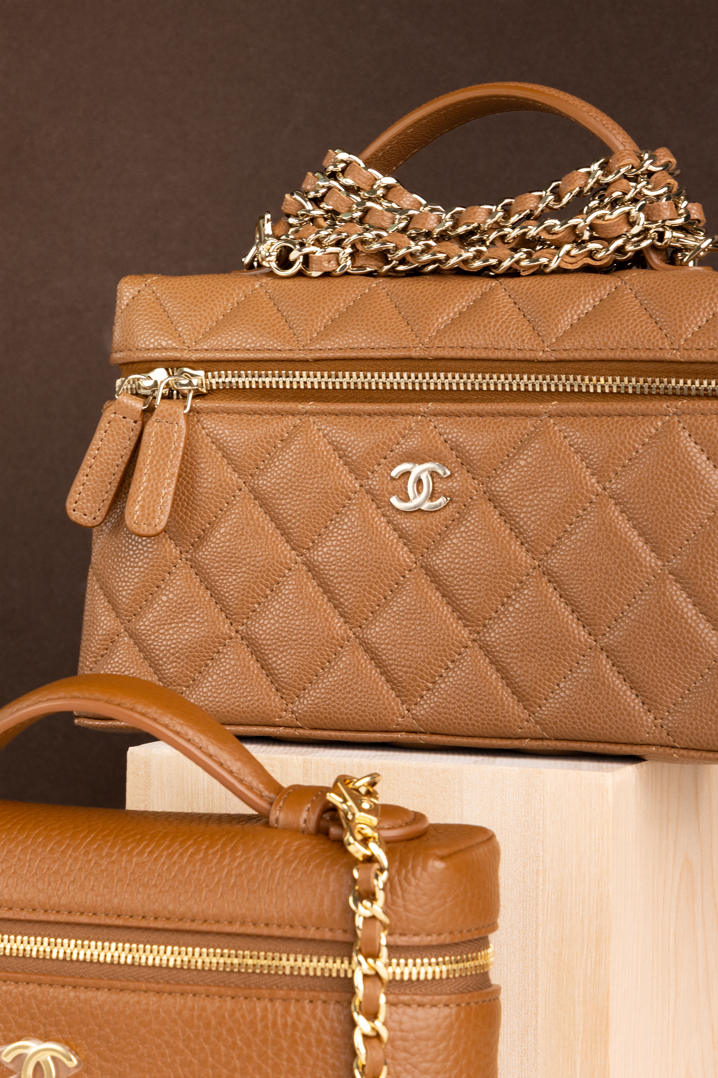 Chanel Vanity Case with Chain in Camel & Grained Calfskin Brown