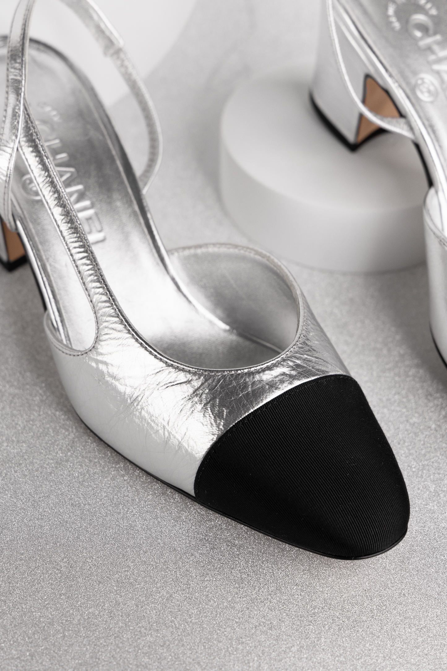 Chanel Silver Metallic Slingbacks