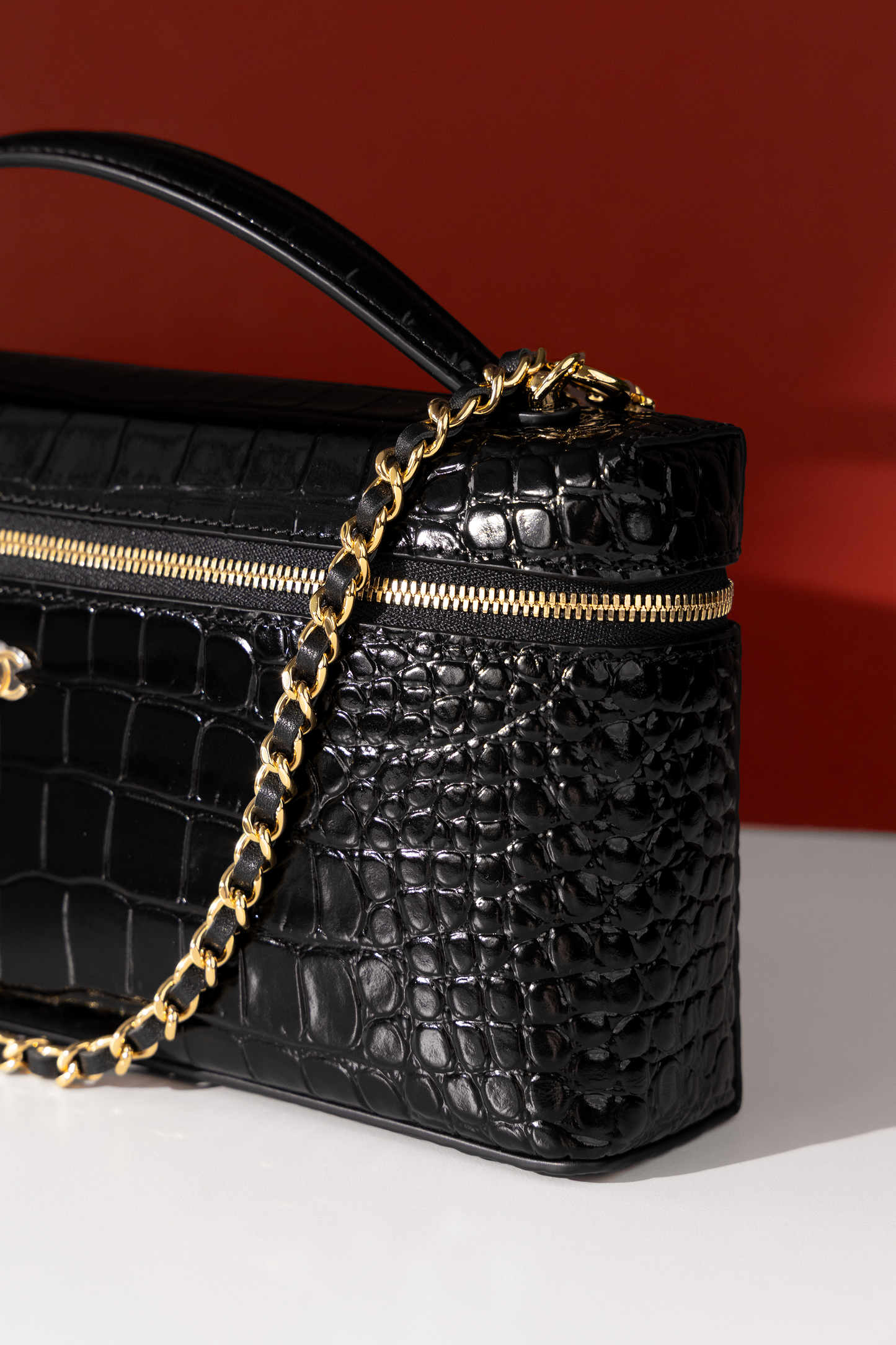 Chanel Croc Embossed Vanity with Chain in Black