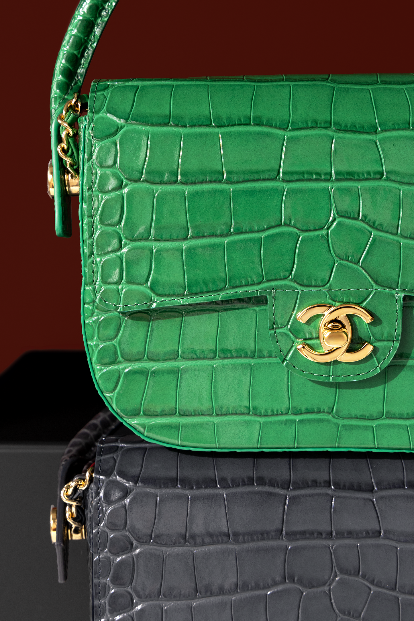 Chanel Mini Flap Bag with Top Handle in Green & Grey Crocodile Embossed Calfskin
