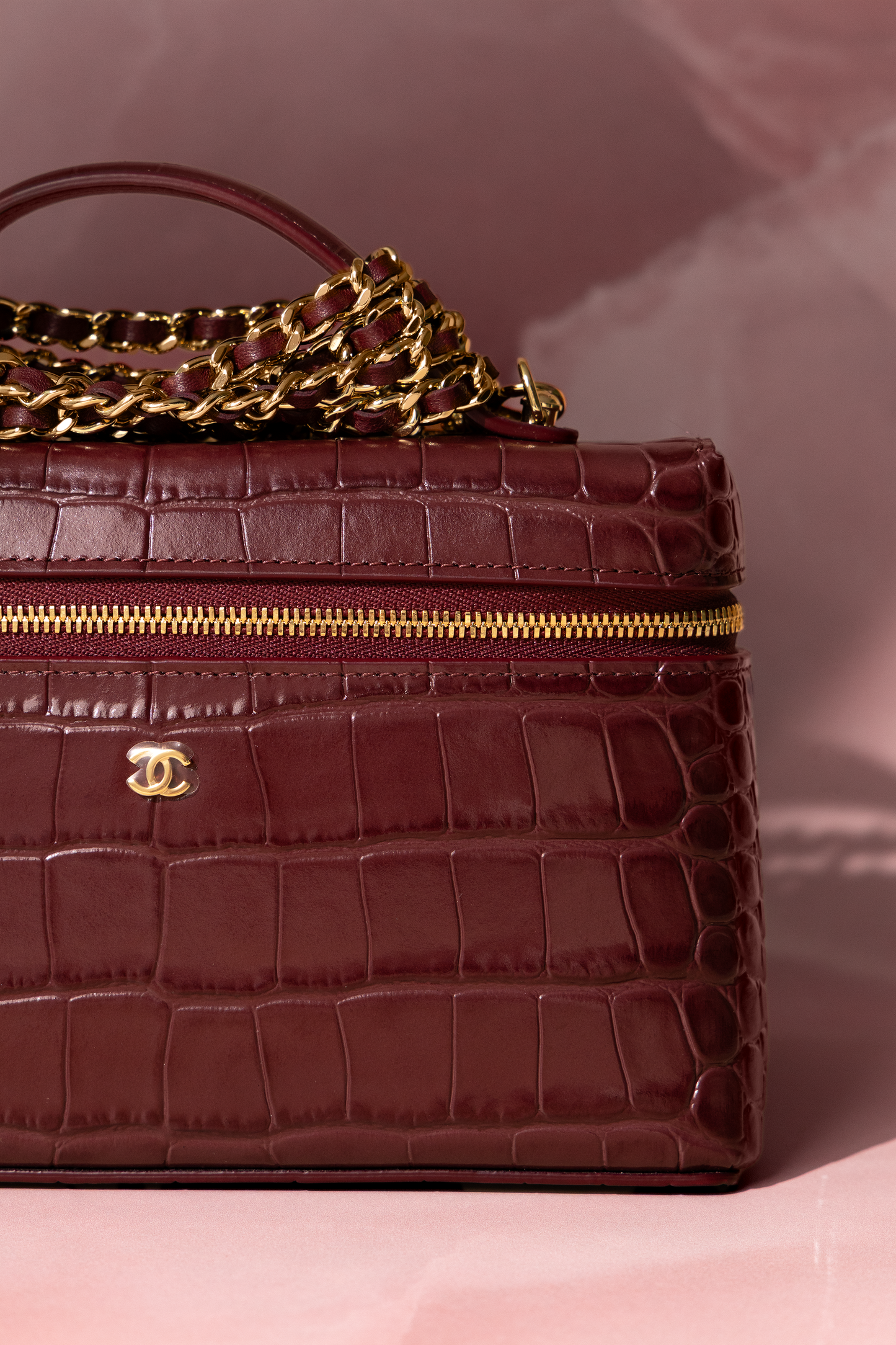 Chanel Burgundy Crocodile Embossed Vanity Case with Chain