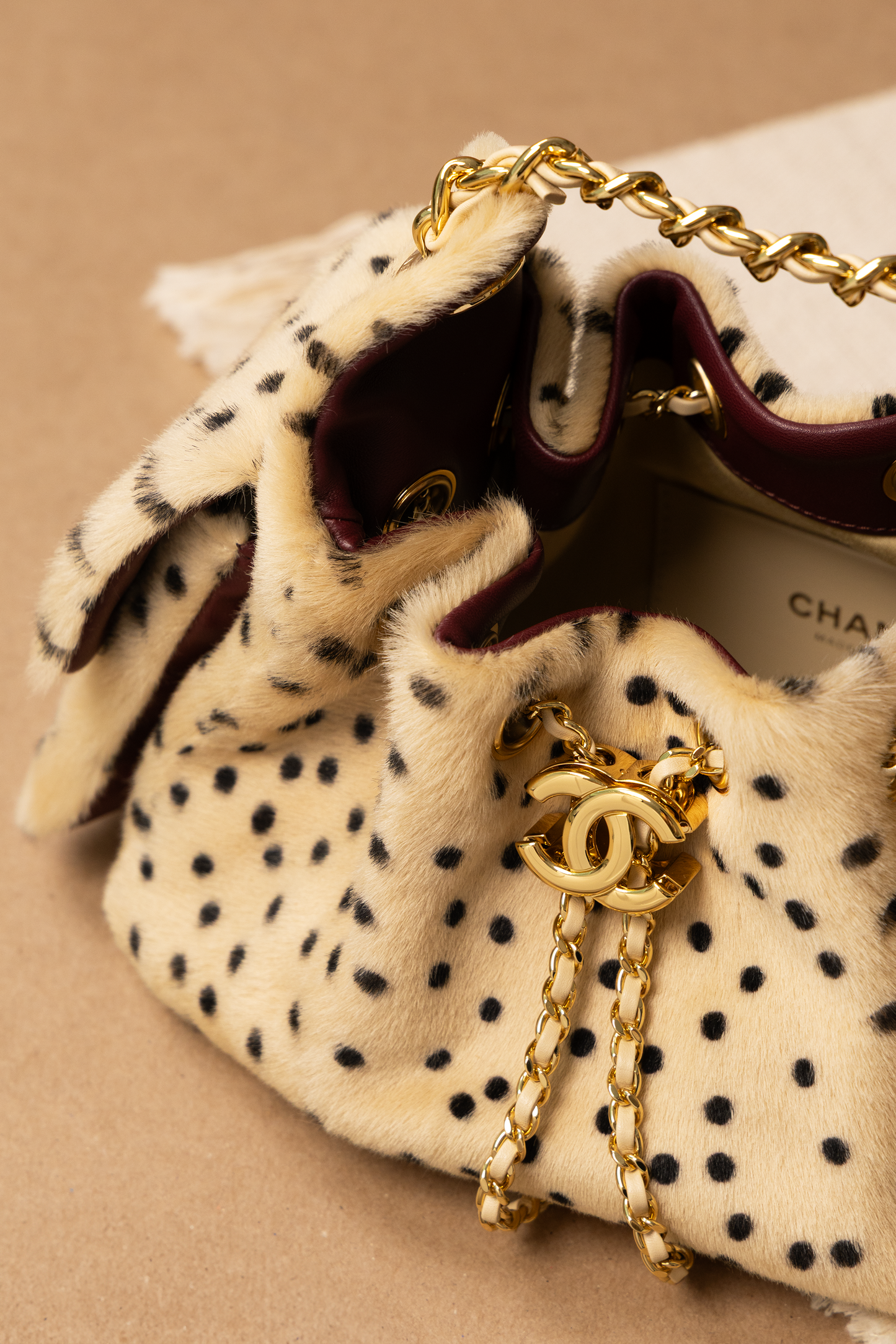 Chanel Mini Fur Hobo 25 Bag in Light Beige/Black Polka Dots