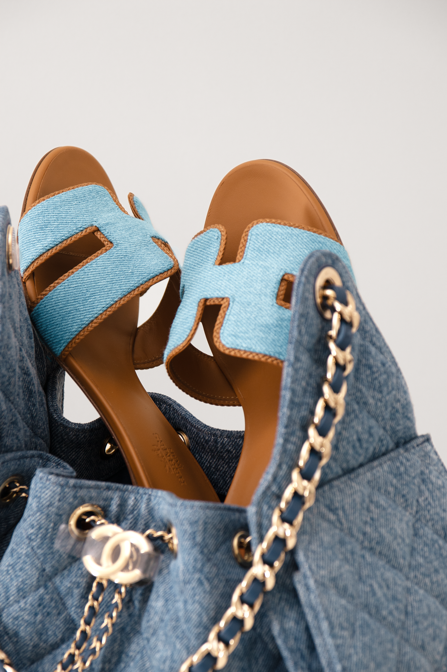 Chanel Small Denim Hobo 25 Bag & Hermès Denim Gold Oasis Sandals