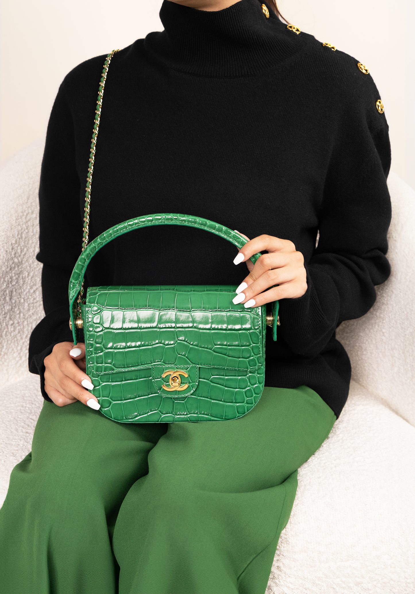 Chanel Black Pullover & Mini Flap Bag with Top Handle & Chain in Green