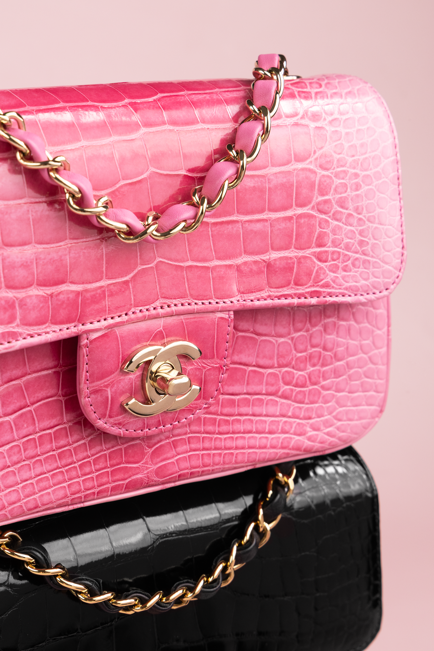 Chanel Mini Flap Bag in Shiny Alligator Ombre Rose & Black