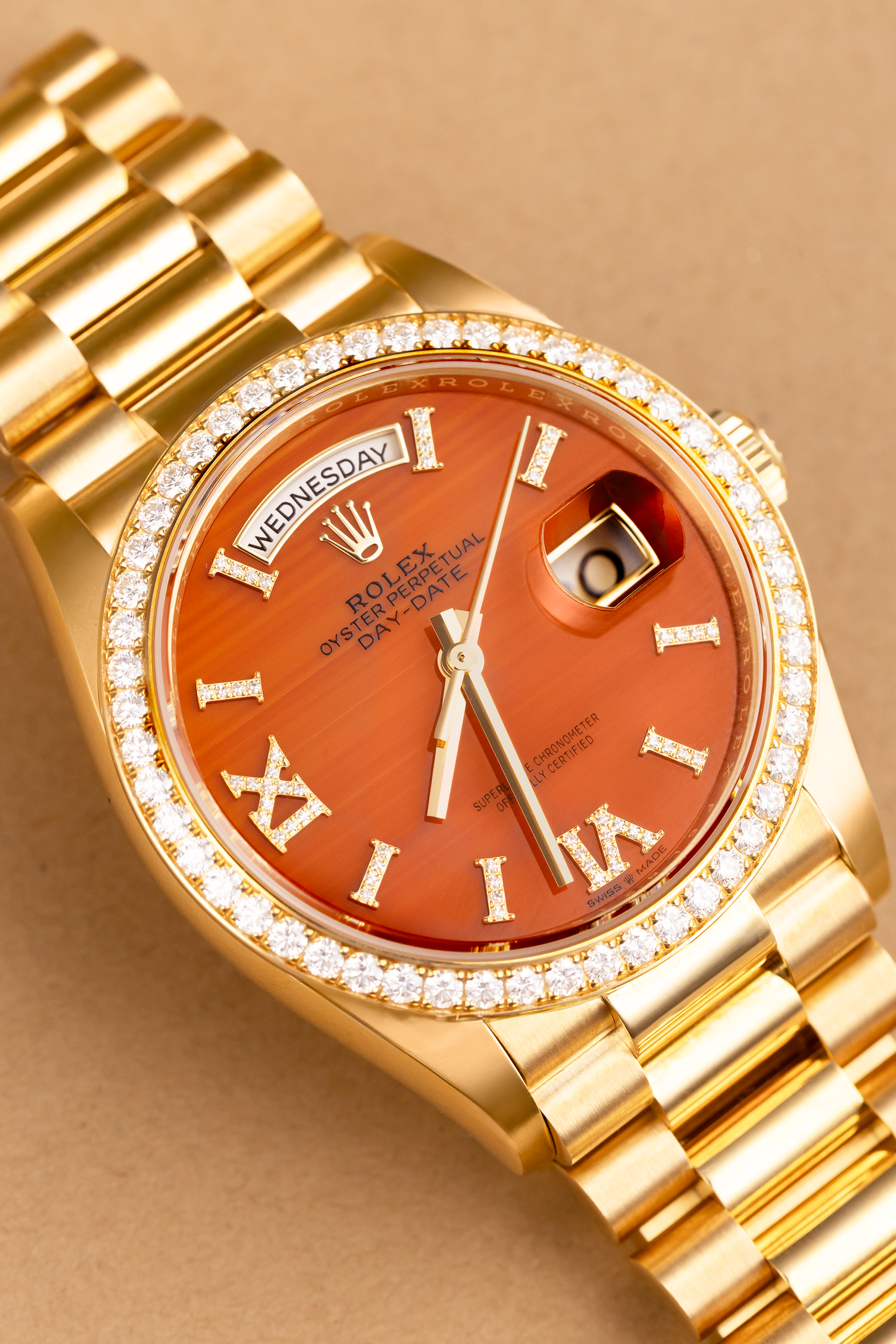 Rolex Day-Date 36mm in Yellow Gold with Diamond Carnelian Dial
