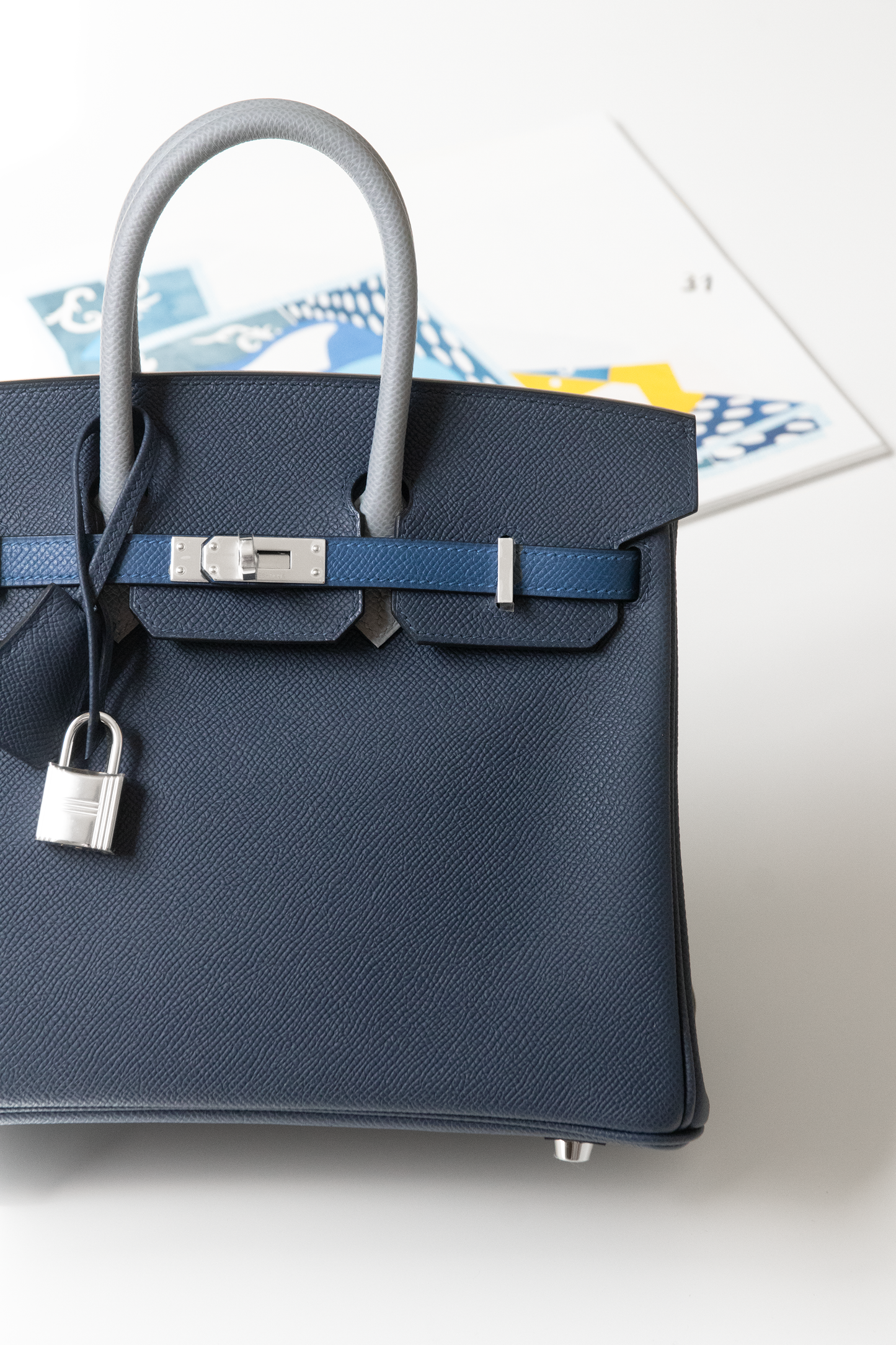 Hermès Birkin 25 Epsom Tricolor in Blue Tie/Blue Abysse/Gris Pantin PHW