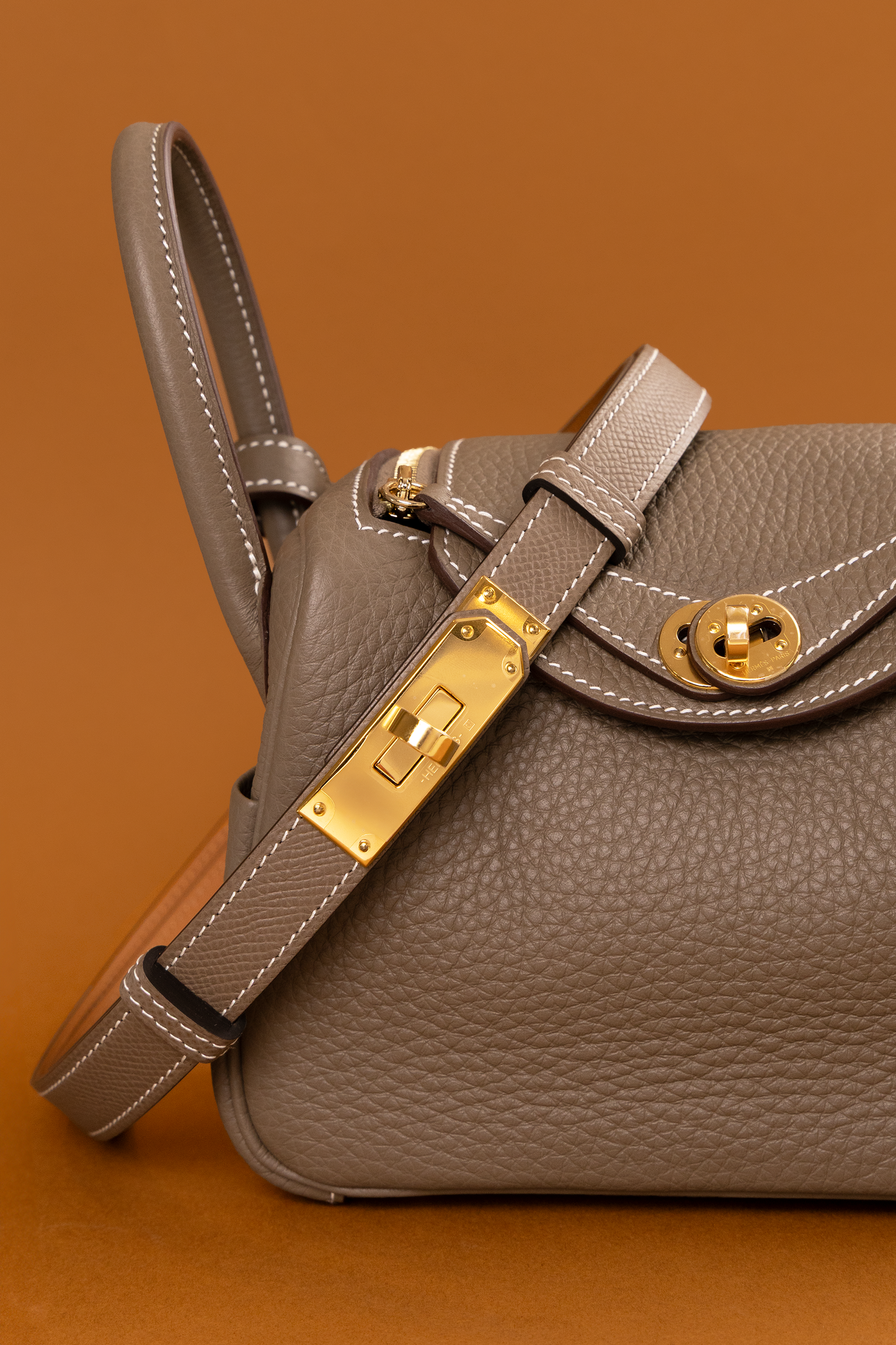 Hermès Mini Lindy Clemence Etoupe with Kelly Belt Etoupe GHW