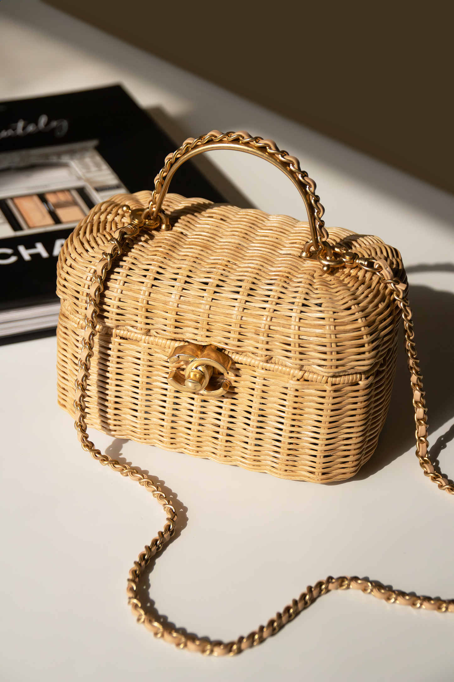Chanel Vanity Case in Braided Rattan & Gold-Tone Metal Beige